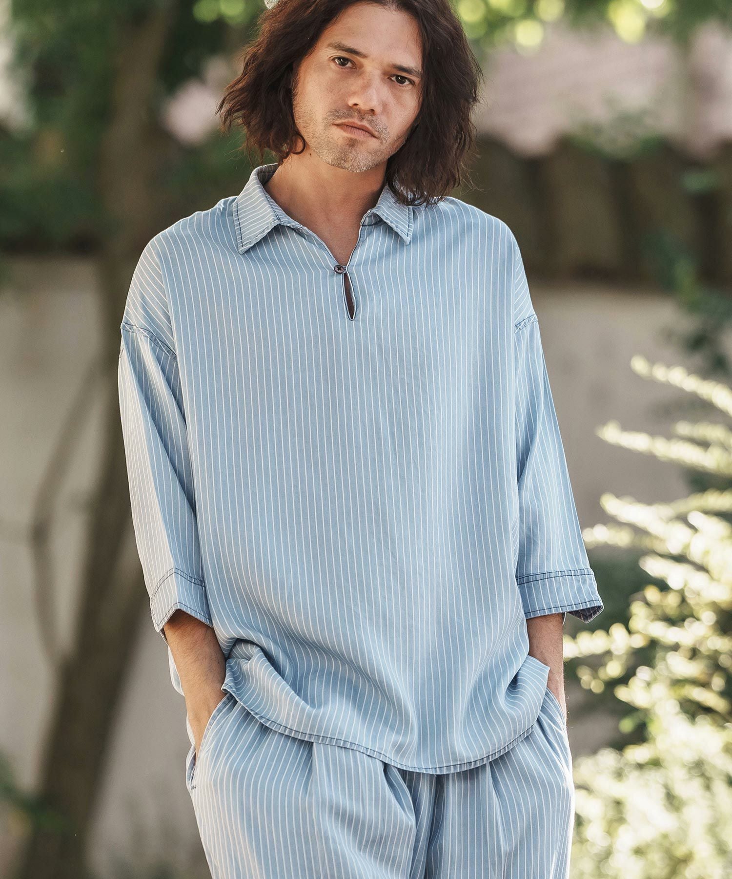 CAMBIO(カンビオ)】Silky Stripe Denim Band Collar Skipper 3-4