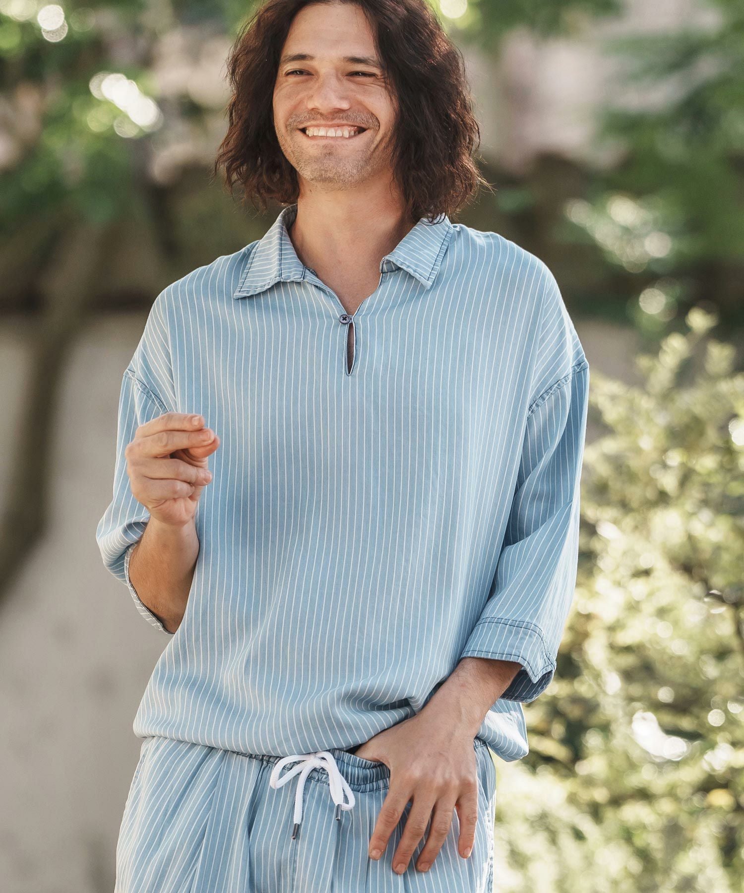 CAMBIO(カンビオ)】Silky Stripe Denim Band Collar Skipper 3-4