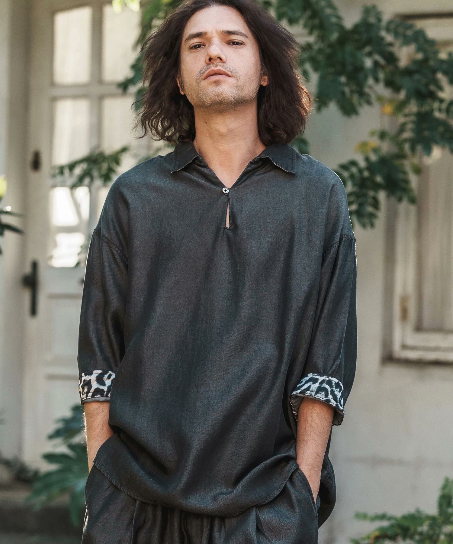 CAMBIO(カンビオ)】Silky Denim Band Collar Leopard Accent Skipper 3