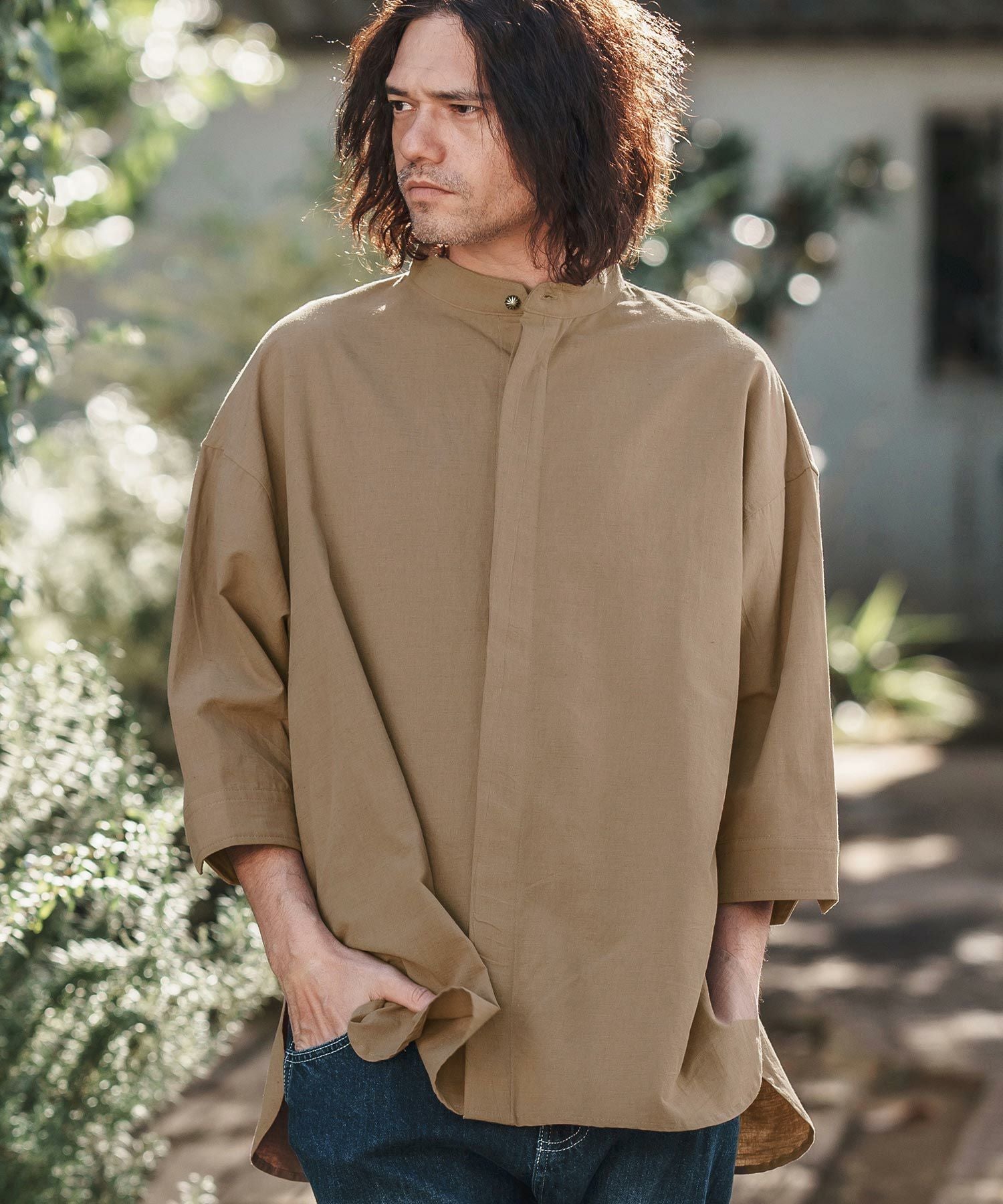 30%OFF【CAMBIO(カンビオ)】Silky Cotton Linen Band Collar Fly Front