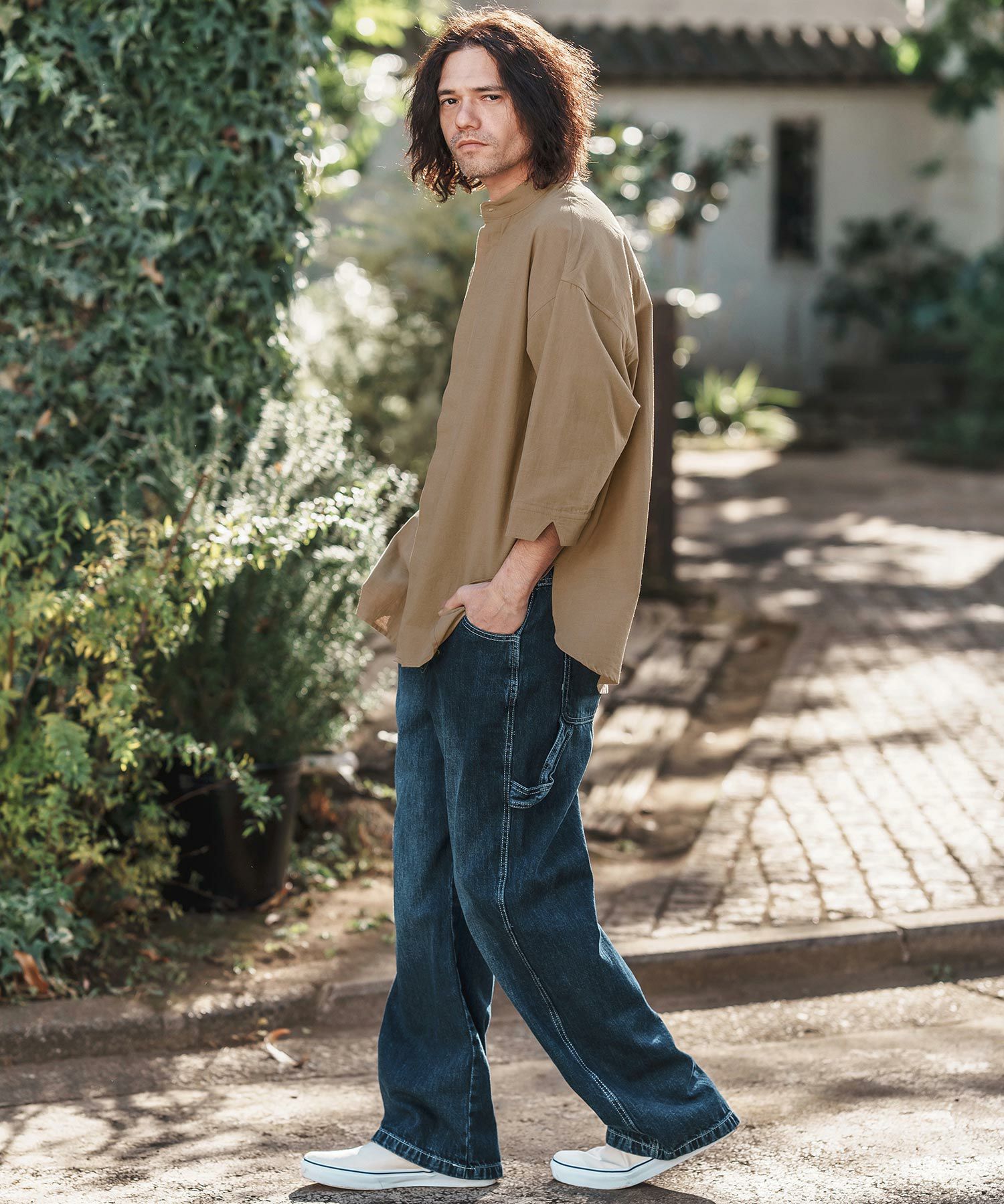 30%OFF【CAMBIO(カンビオ)】Silky Cotton Linen Band Collar Fly Front