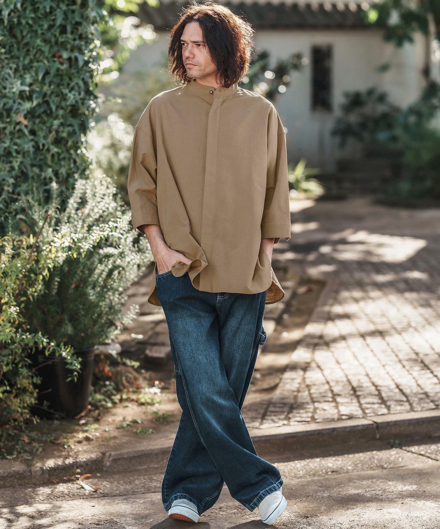 30%OFF【CAMBIO(カンビオ)】Silky Cotton Linen Band Collar Fly Front