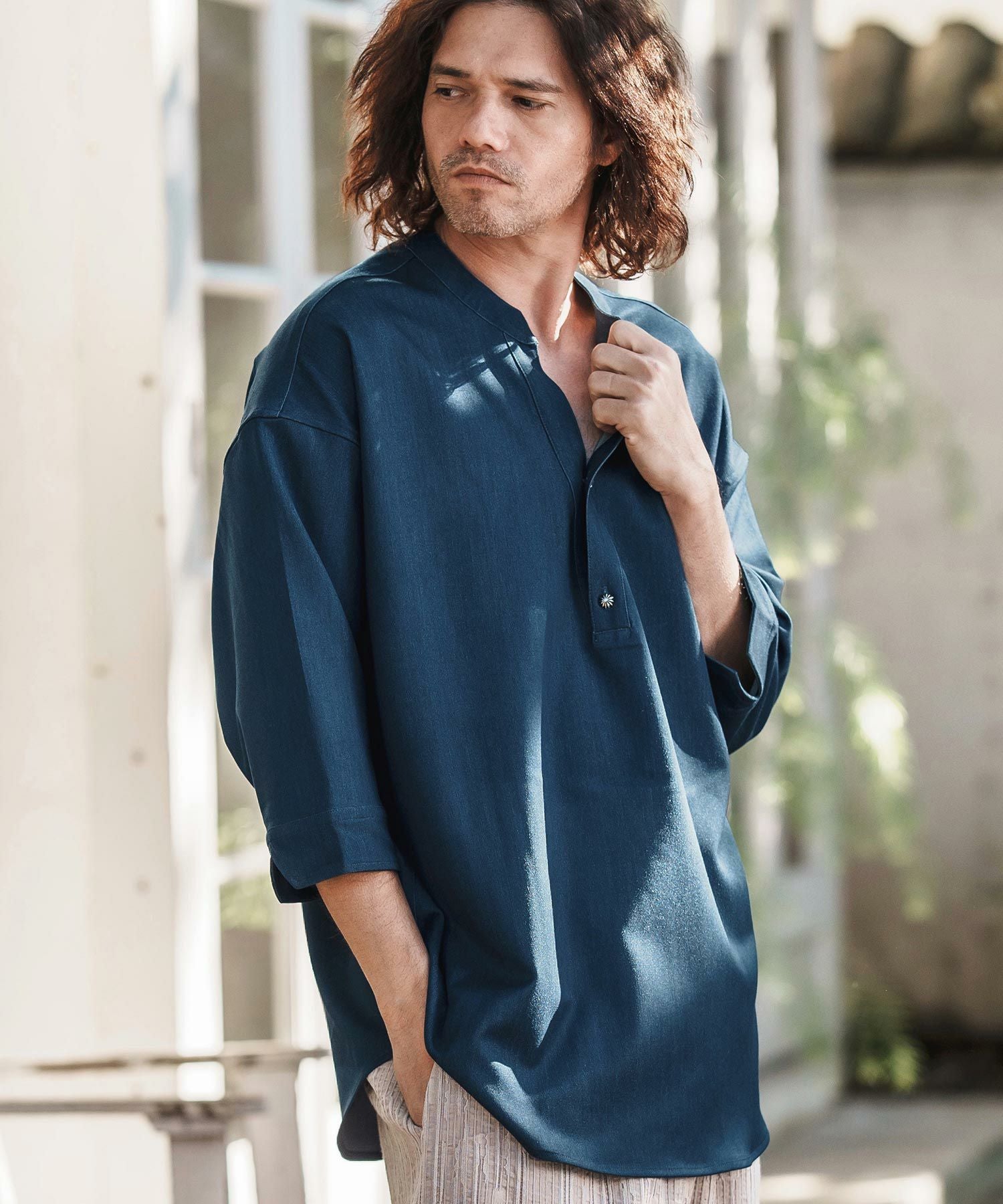 CAMBIO(カンビオ)】Denim Like Drape Henley Neck Concho Button 3-4