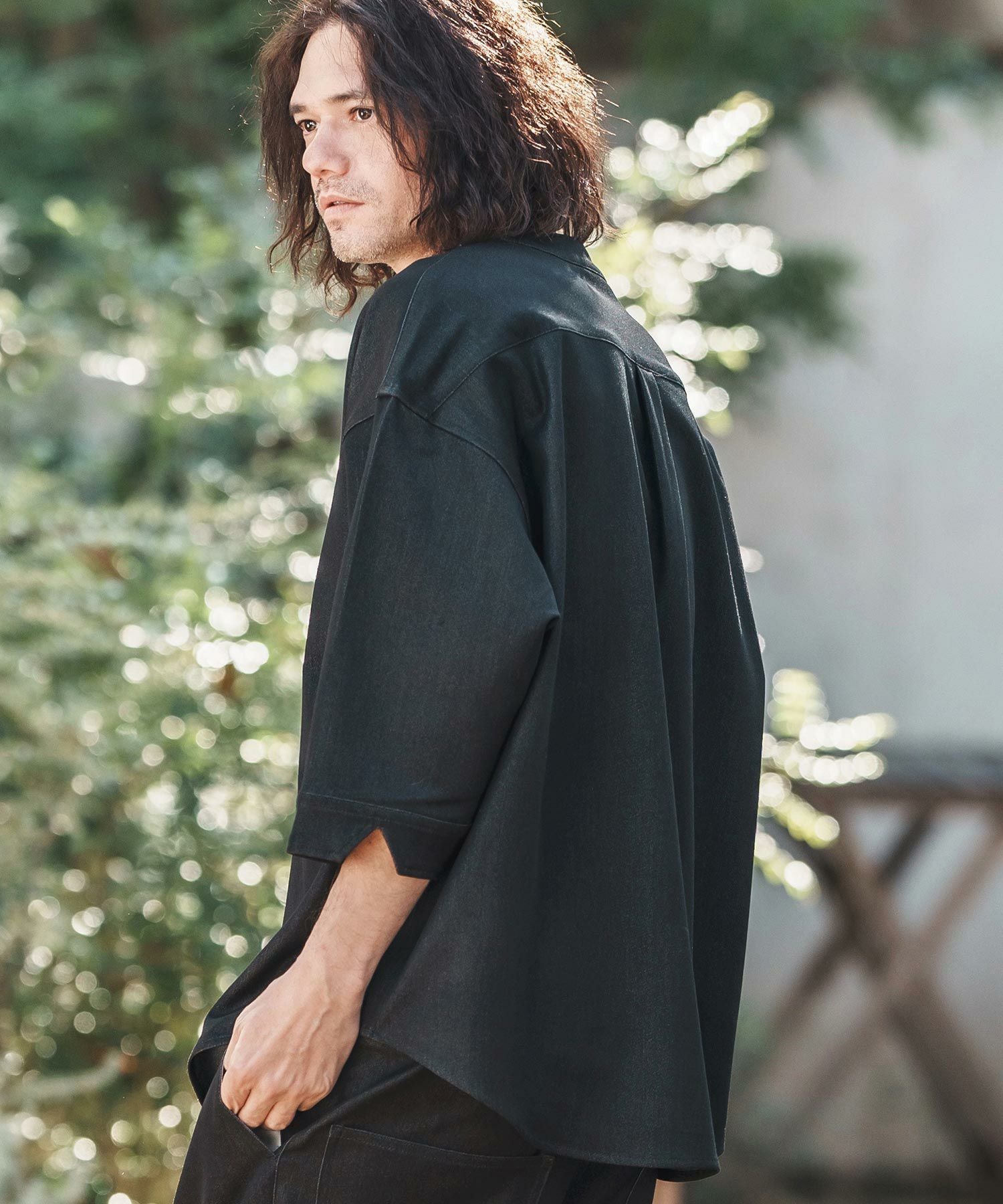 CAMBIO(カンビオ)】Denim Like Drape Henley Neck Concho Button 3-4
