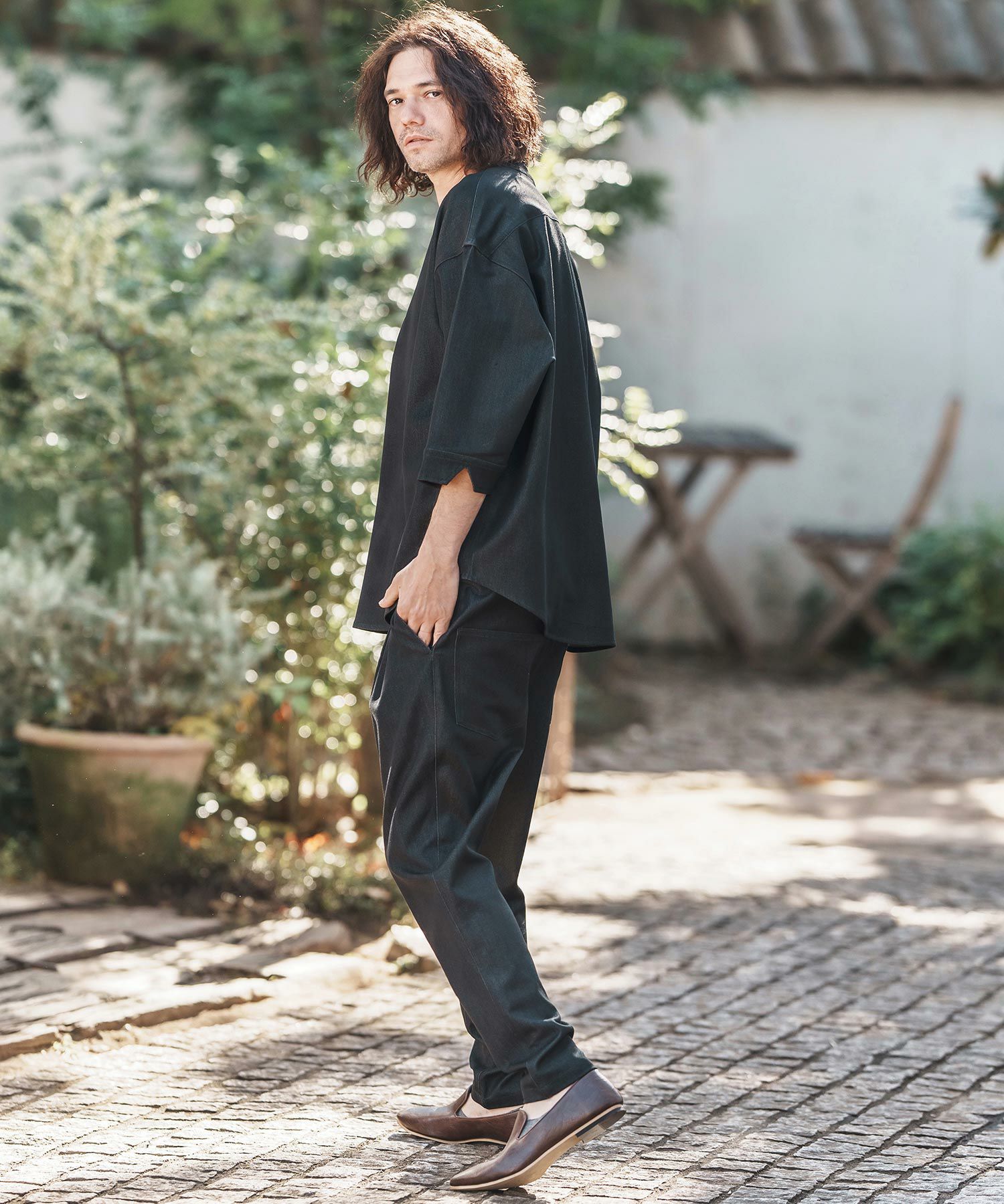 CAMBIO(カンビオ)】Denim Like Drape Henley Neck Concho Button 3-4