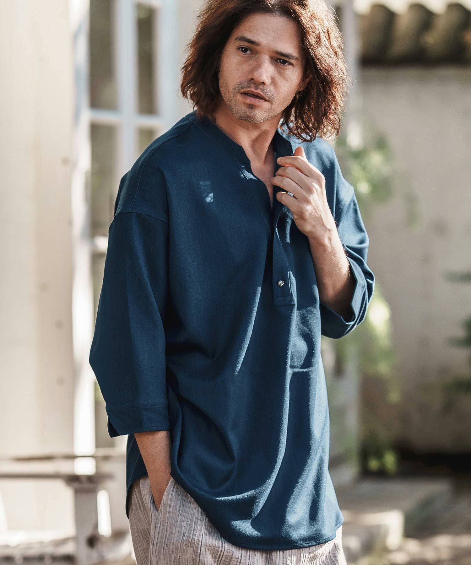 CAMBIO(カンビオ)】Denim Like Drape Henley Neck Concho Button 3-4