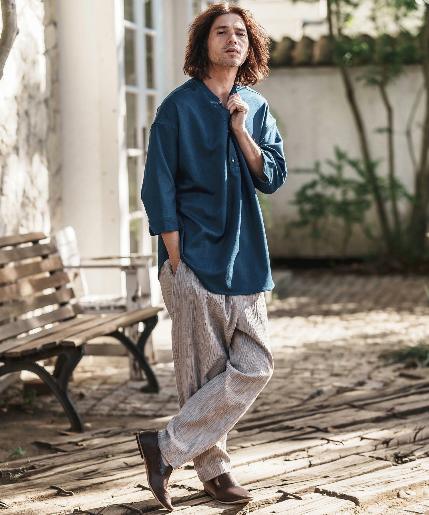 CAMBIO(カンビオ)】Denim Like Drape Henley Neck Concho Button 3-4