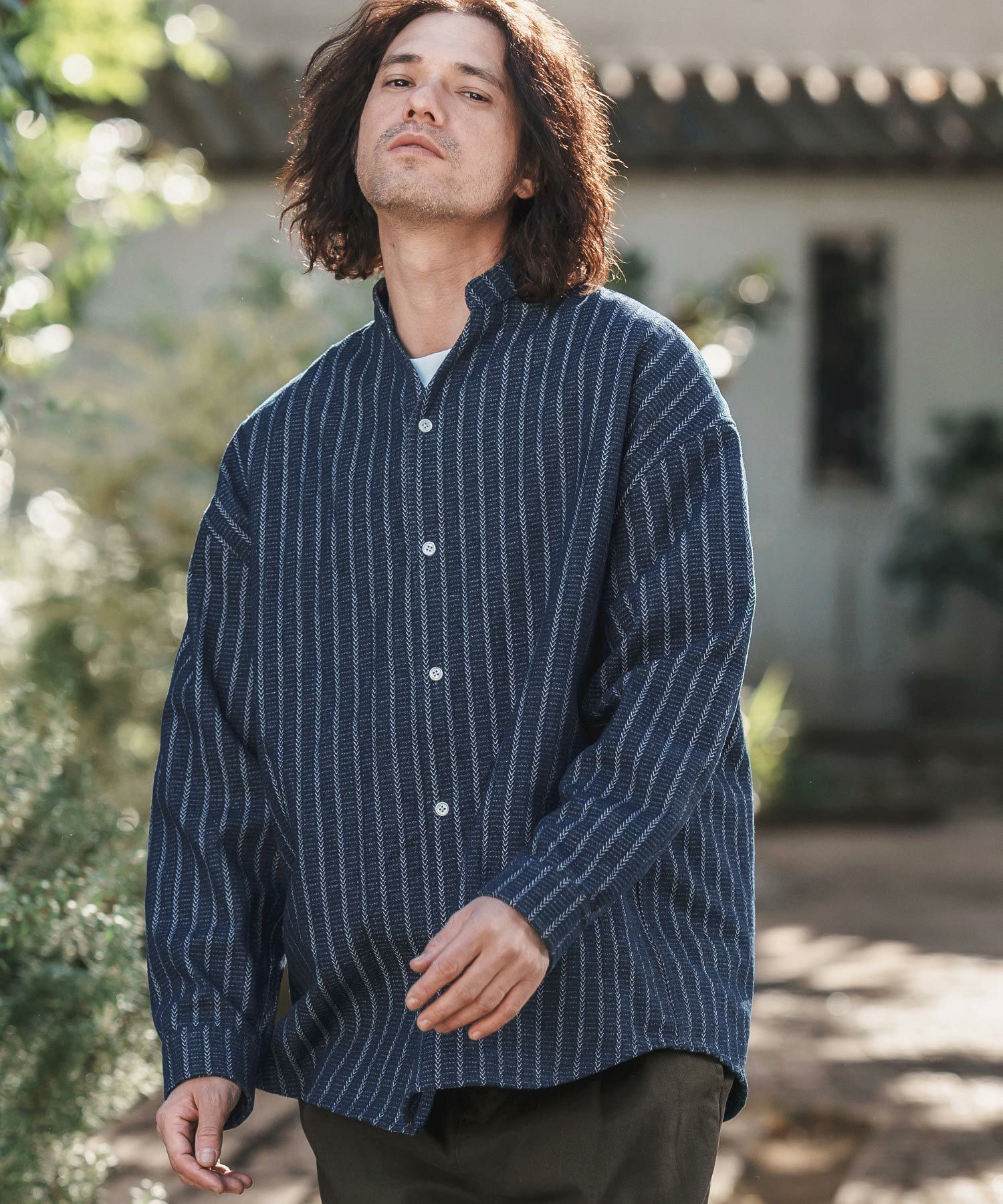 CAMBIO(カンビオ)】Herringbone Stripe Jacquard Denim Band Collar