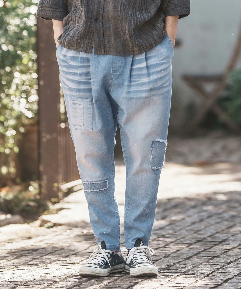 30%OFF【CAMBIO(カンビオ)】Damage Patch Stretch Denim Tapered Pants 