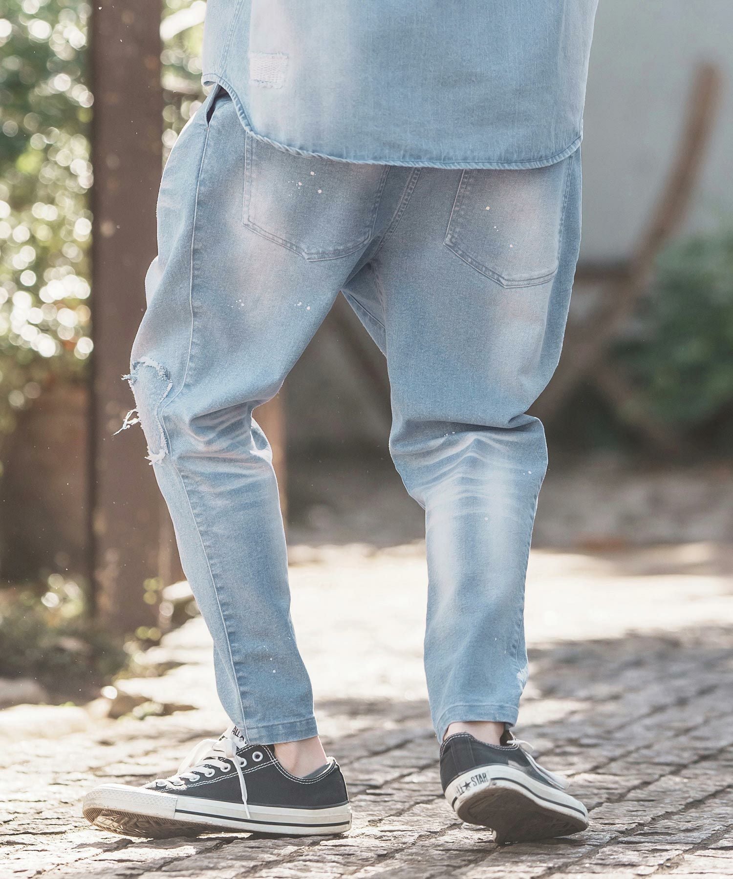 30%OFF【CAMBIO(カンビオ)】Damage Patch Stretch Denim Tapered Pants