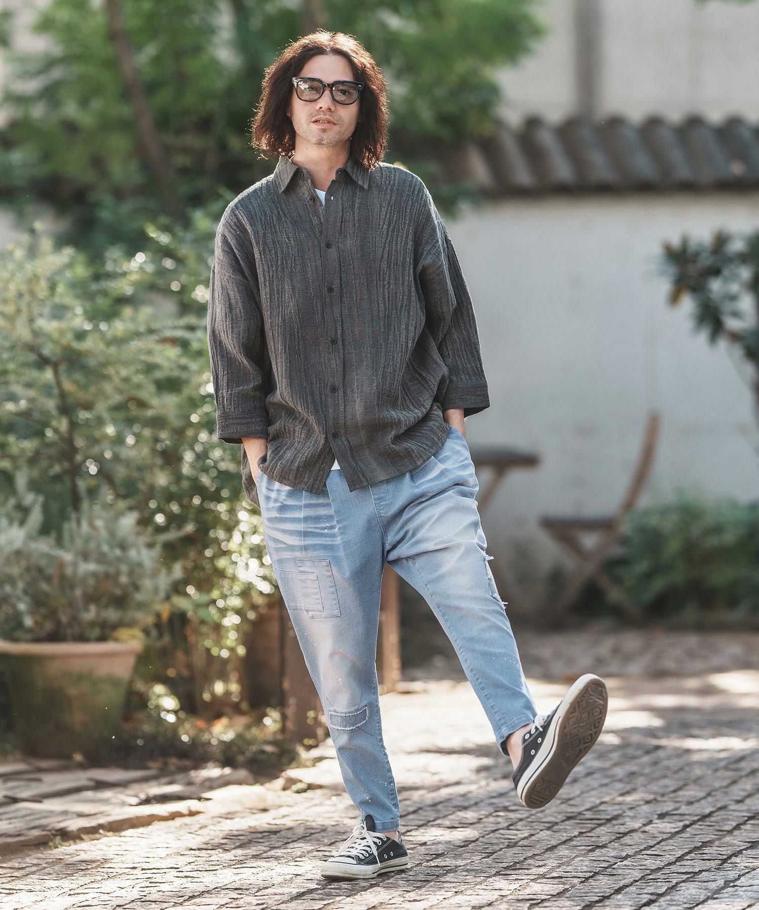 30%OFF【CAMBIO(カンビオ)】Damage Patch Stretch Denim Tapered Pants