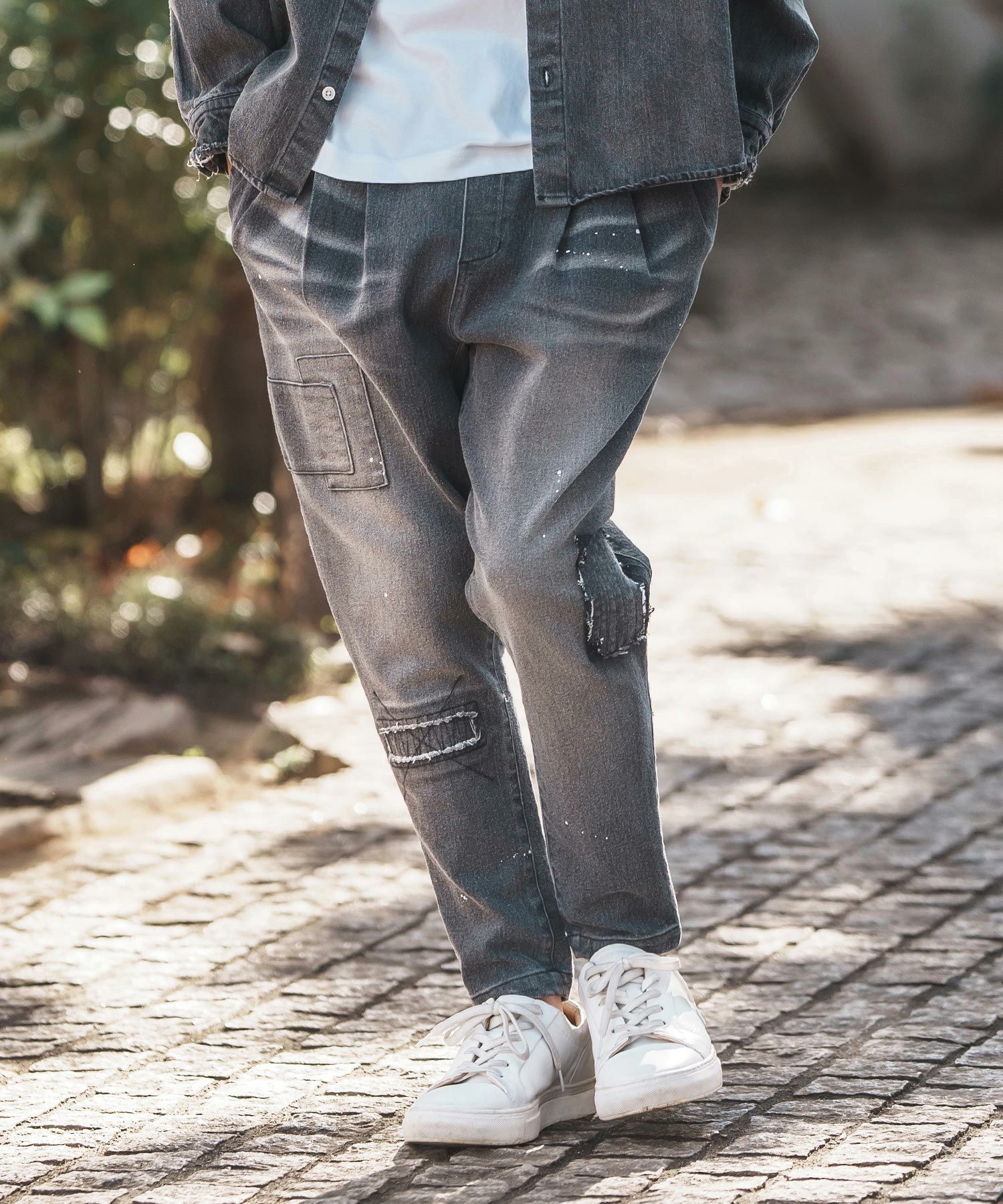 30%OFF【CAMBIO(カンビオ)】Damage Patch Stretch Denim Tapered Pants