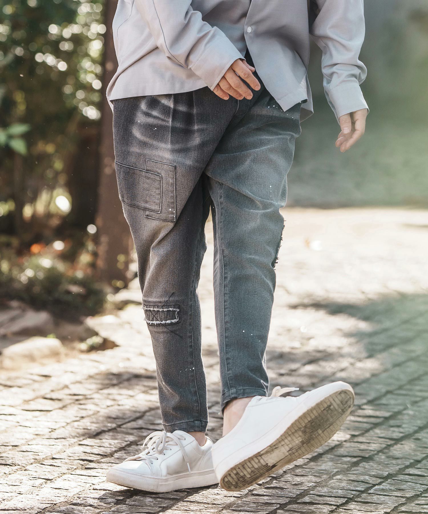 30%OFF【CAMBIO(カンビオ)】Damage Patch Stretch Denim Tapered Pants