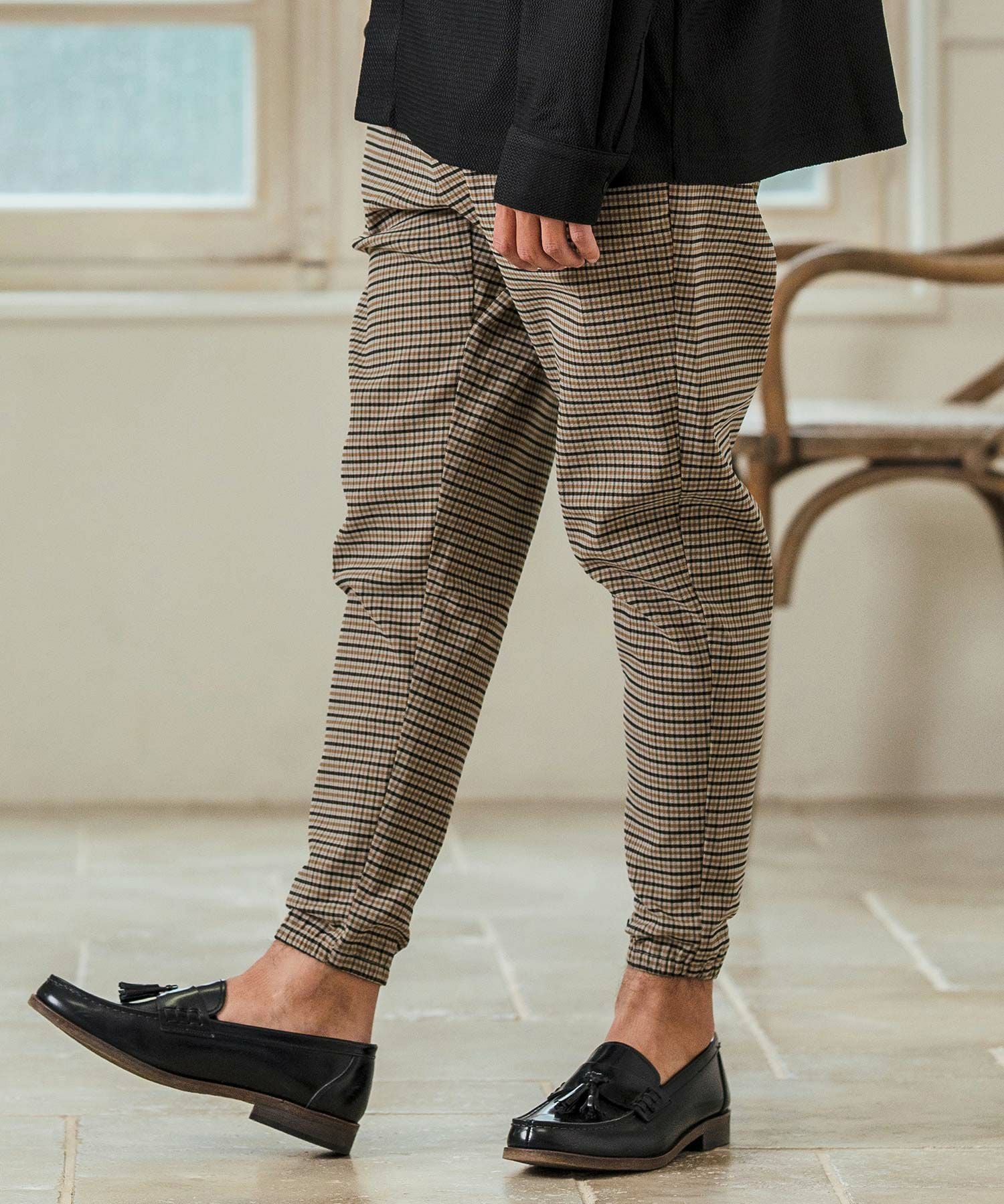 Magine(マージン)】Stretch Check Fabric Tapered Pants チェック柄 Magine(マージン)】Stretch Check Fabric Tapered Pants チェック柄