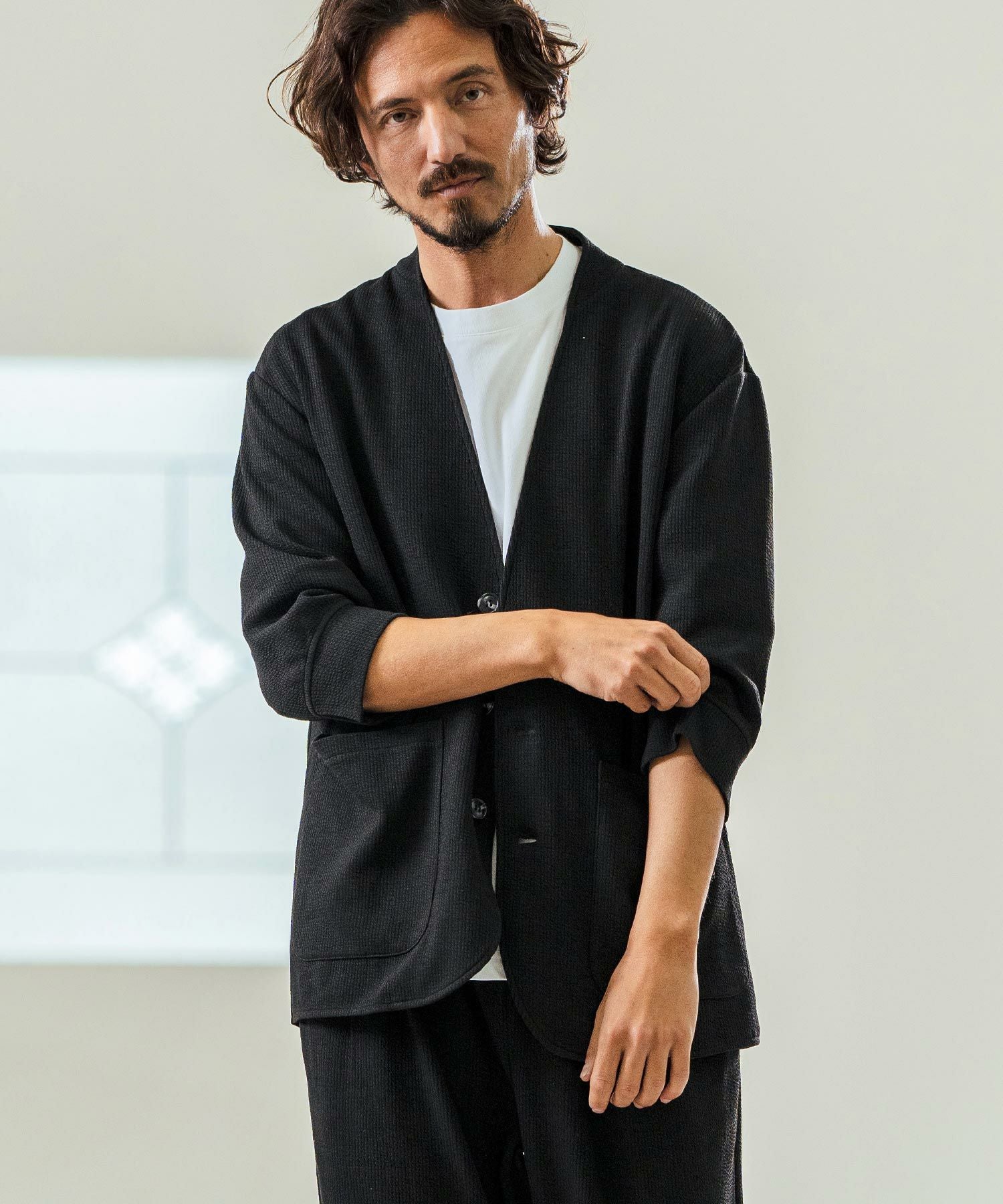 Magine(マージン)】Seersucker 3-4 Sleeve Cardigan カーディガン