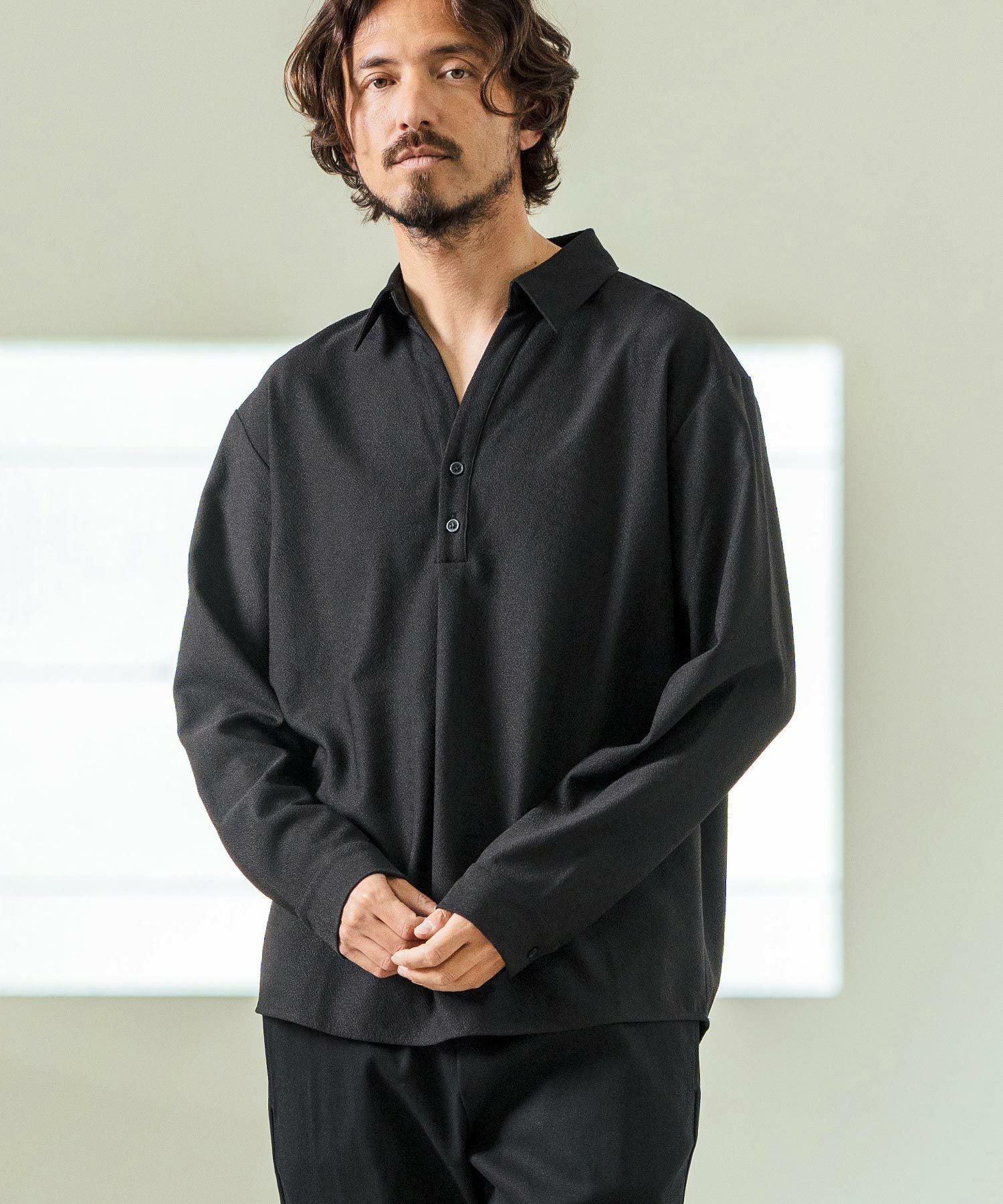 【Magine】コーデュロイ スキッパー シャツ ブラック　Cambio Magine(マージン)】Skipper & Pullover Design Long Sleeve shirts