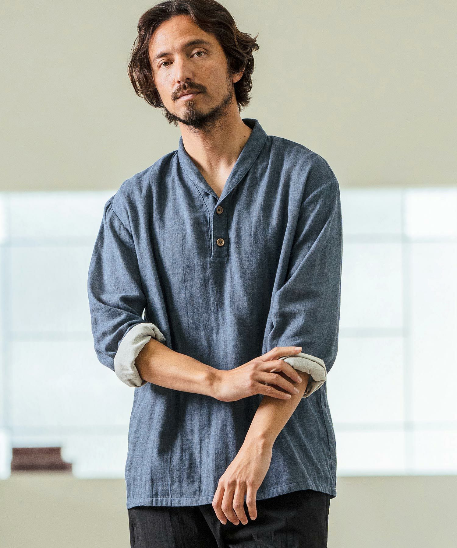 長袖シャツ（マーロンフィレンツェ） Magine(マージン)】Gauze Fabric Shawl Collar Shirts ショールカラー