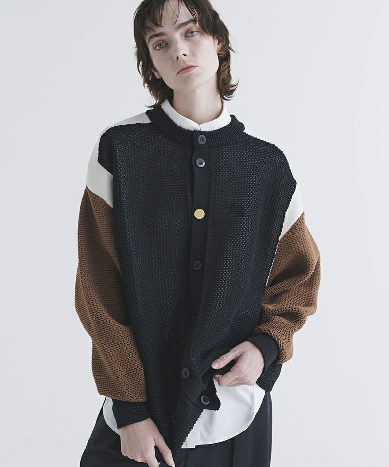30%OFF【CULLNI(クルニ)】Bi Color Collarless Mesh Knit Jacket ノー