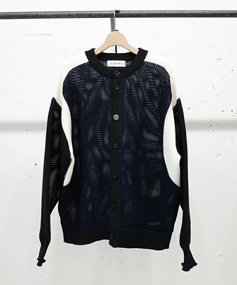 30%OFF【CULLNI(クルニ)】Bi Color Collarless Mesh Knit Jacket ノー