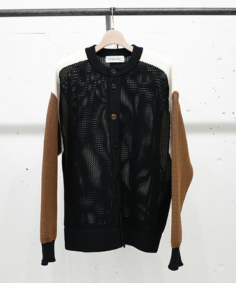 30%OFF【CULLNI(クルニ)】Bi Color Collarless Mesh Knit Jacket ノー