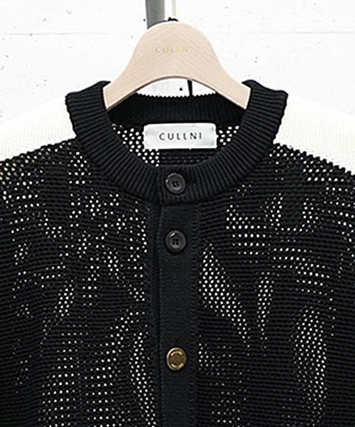 30%OFF【CULLNI(クルニ)】Bi Color Collarless Mesh Knit Jacket ノー