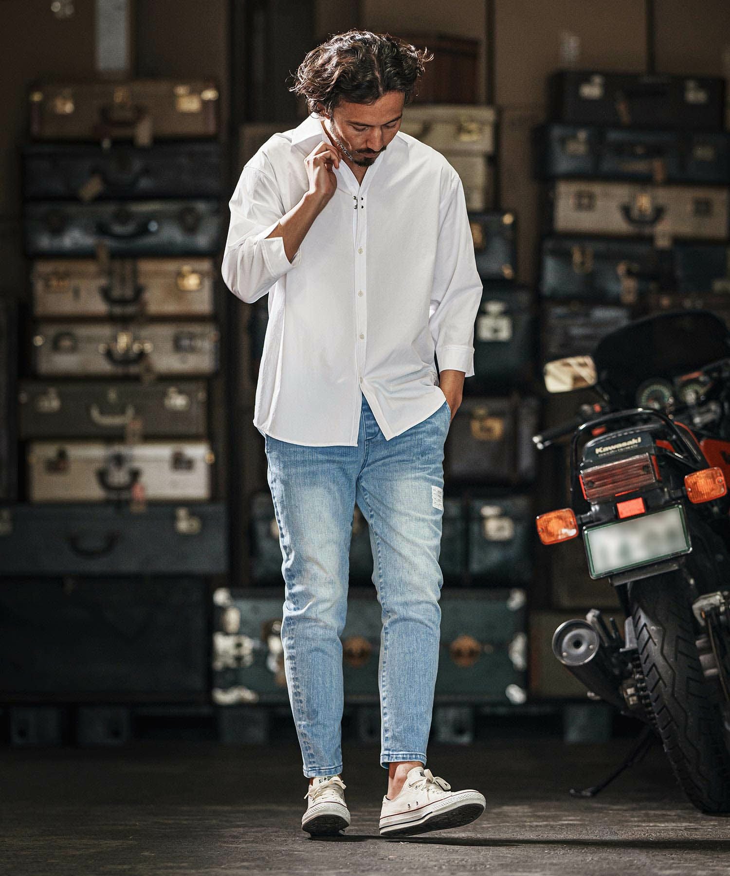 wjk reluxe】tight knit denim tapered easy pants デニムイージー