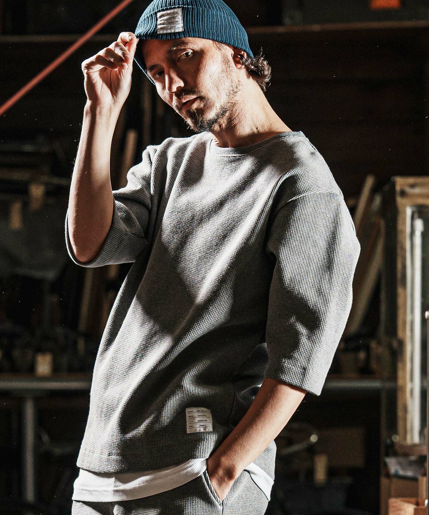 wjk reluxe】tight heavy waffle 3-4 sleeve cut sew 七分袖カットソー