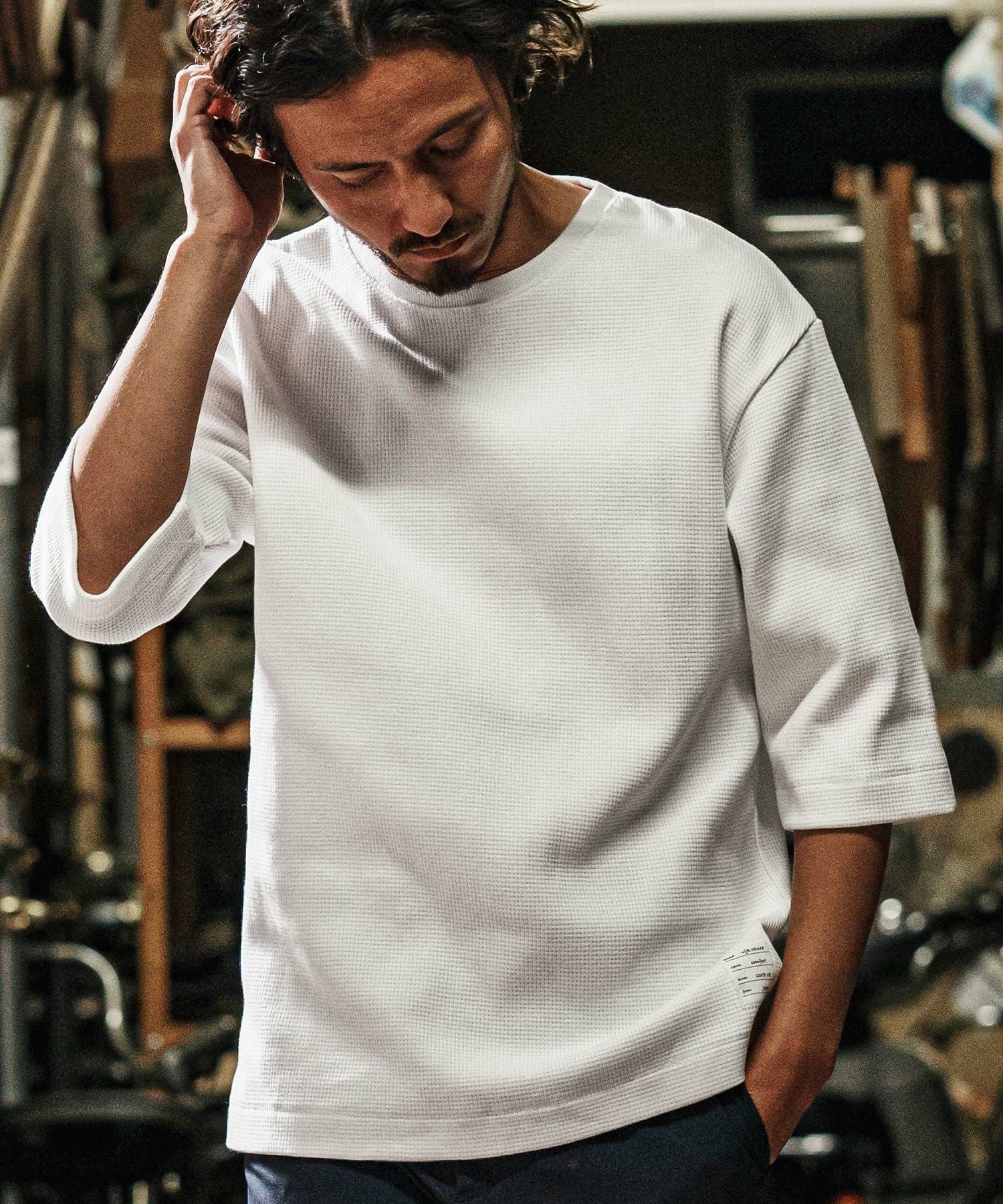 wjk reluxe】tight heavy waffle 3-4 sleeve cut sew 七分袖カットソー