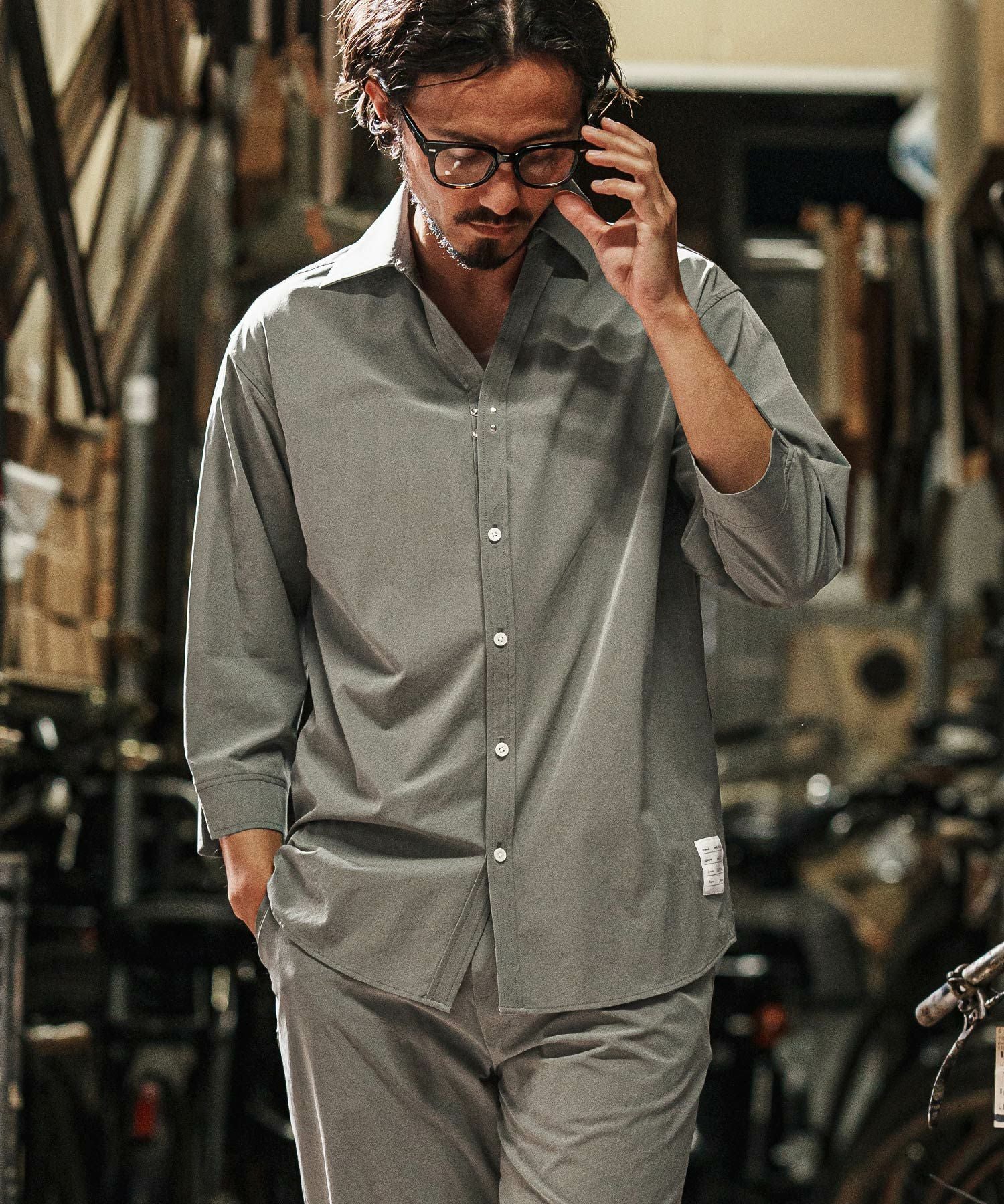 wjk B.D Shirt 試着のみ ブラック L サイズ wjk reluxe】cool stretch hook 3-4 sleeve shirts 7分袖シャツ(WR25S