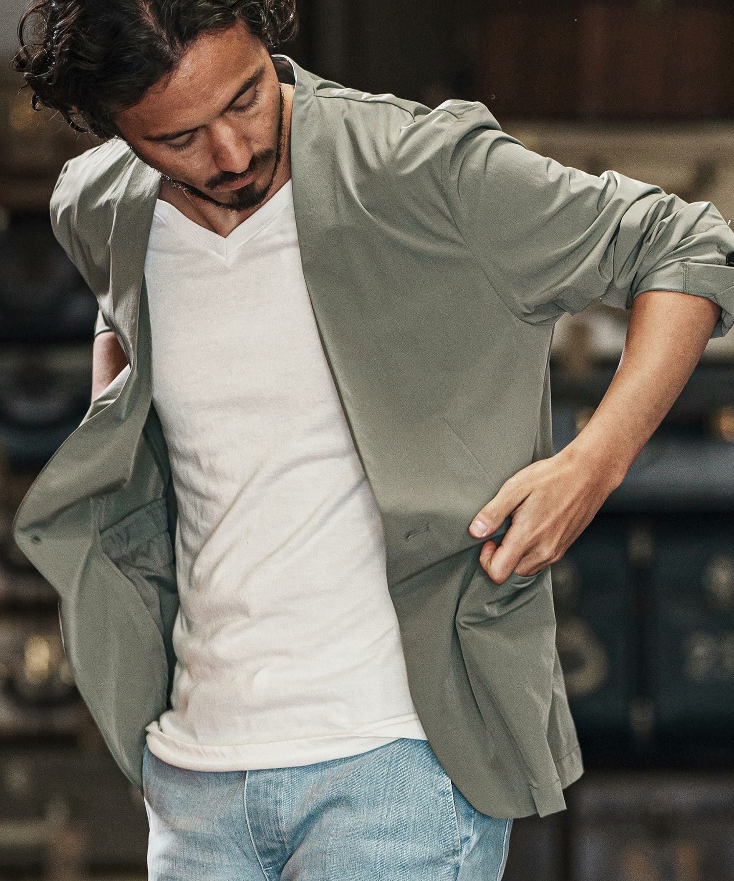 wjk reluxe】cool stretch collarless jacket ノーカラージャケット