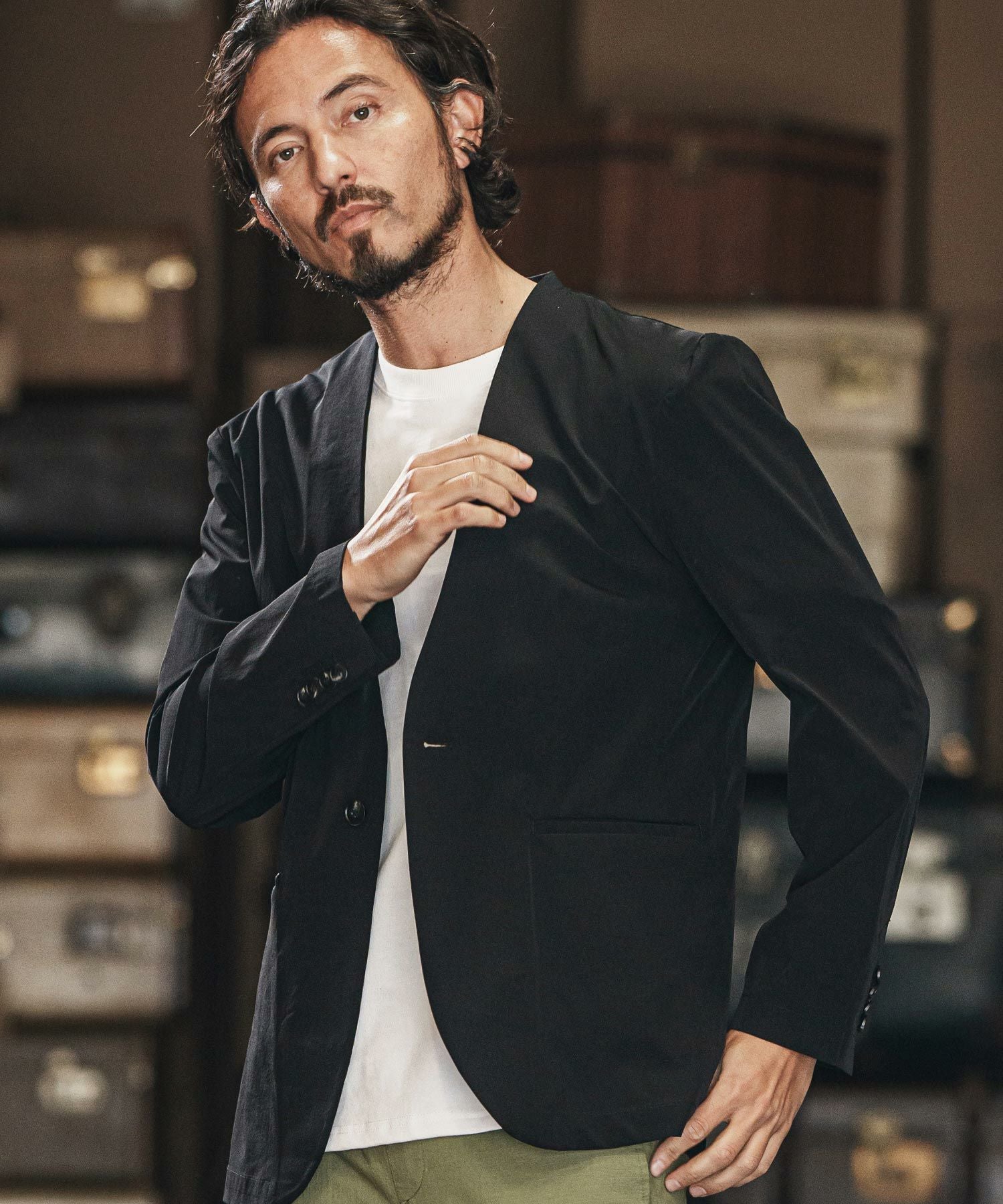wjk reluxe】cool stretch collarless jacket ノーカラージャケット
