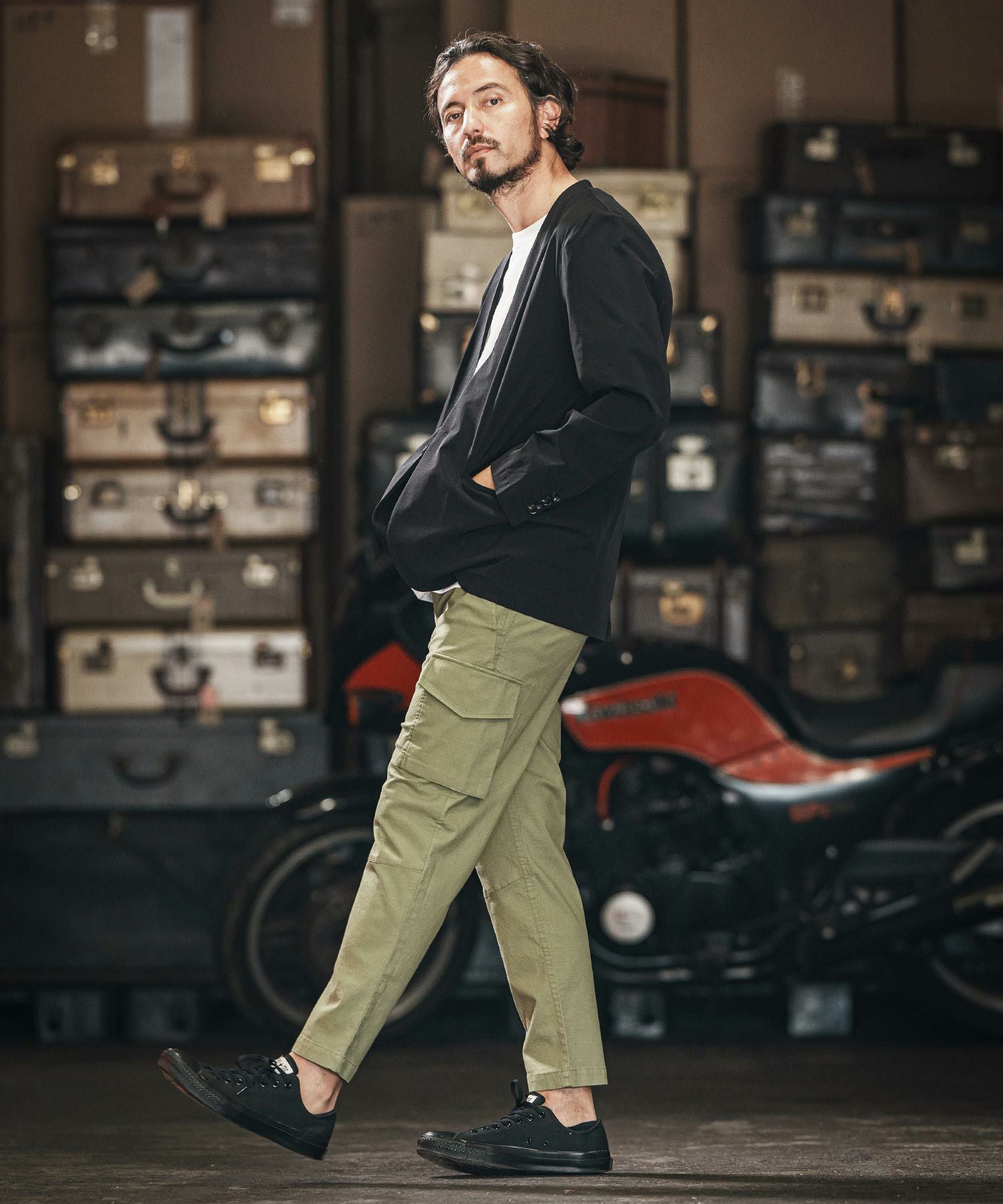wjk reluxe】cool stretch collarless jacket ノーカラージャケット