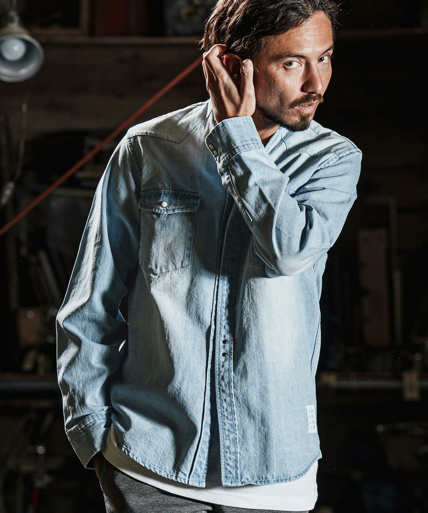 wjk reluxe】tight knit denim no collar western shirt ノーカラー