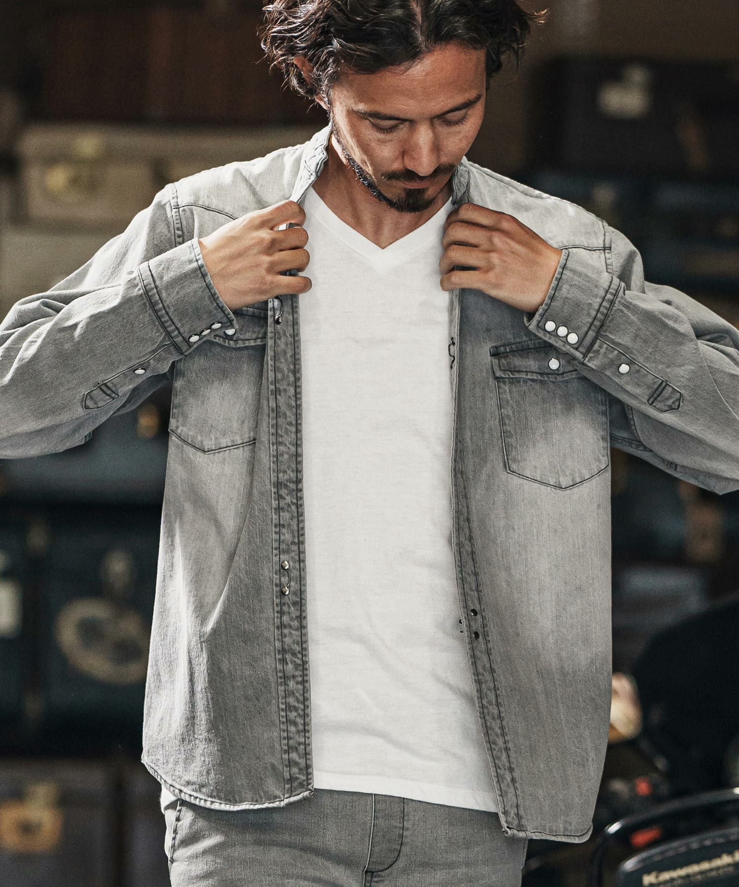 wjk reluxe】tight knit denim no collar western shirt ノーカラー