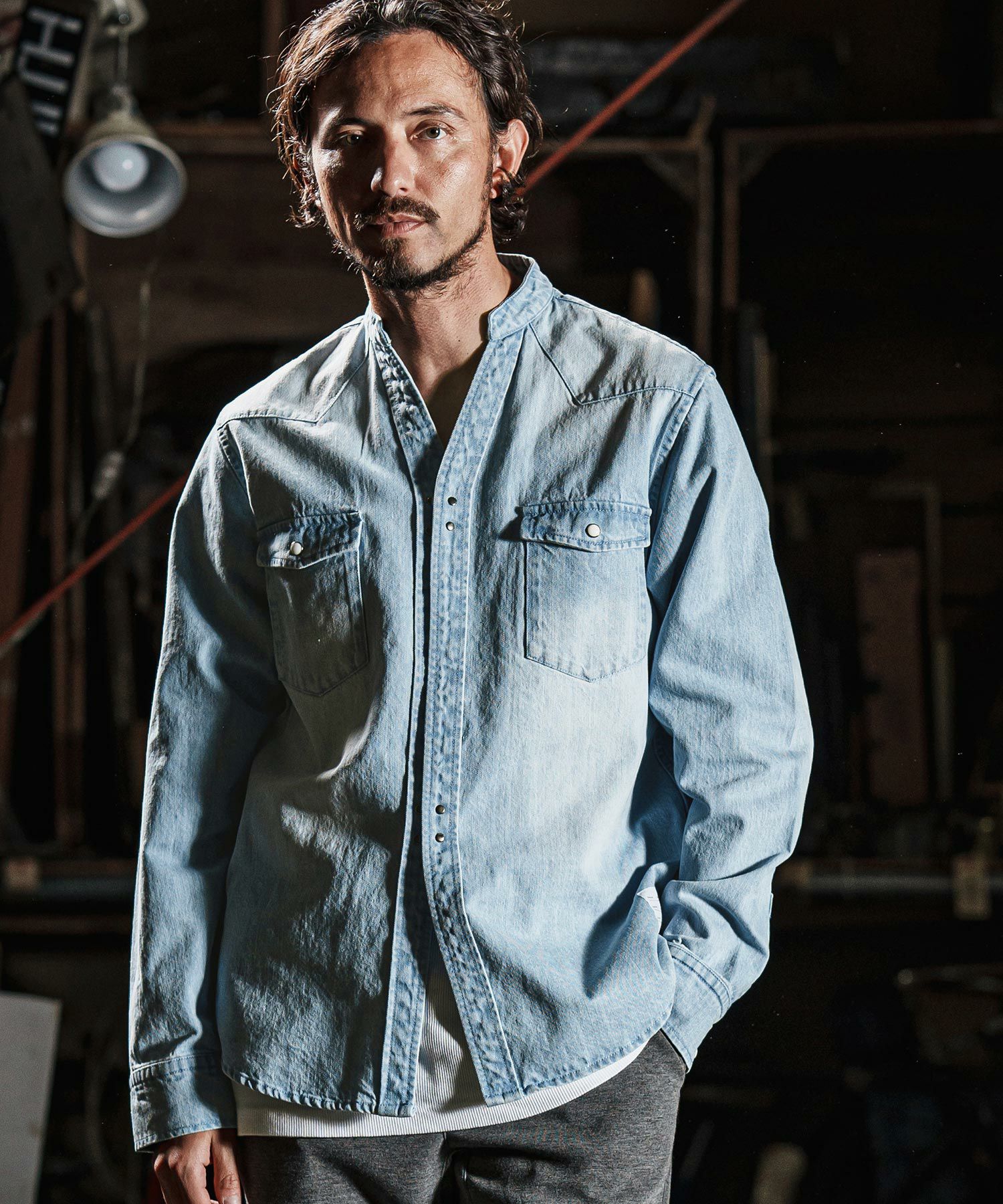wjk reluxe】tight knit denim no collar western shirt ノーカラー