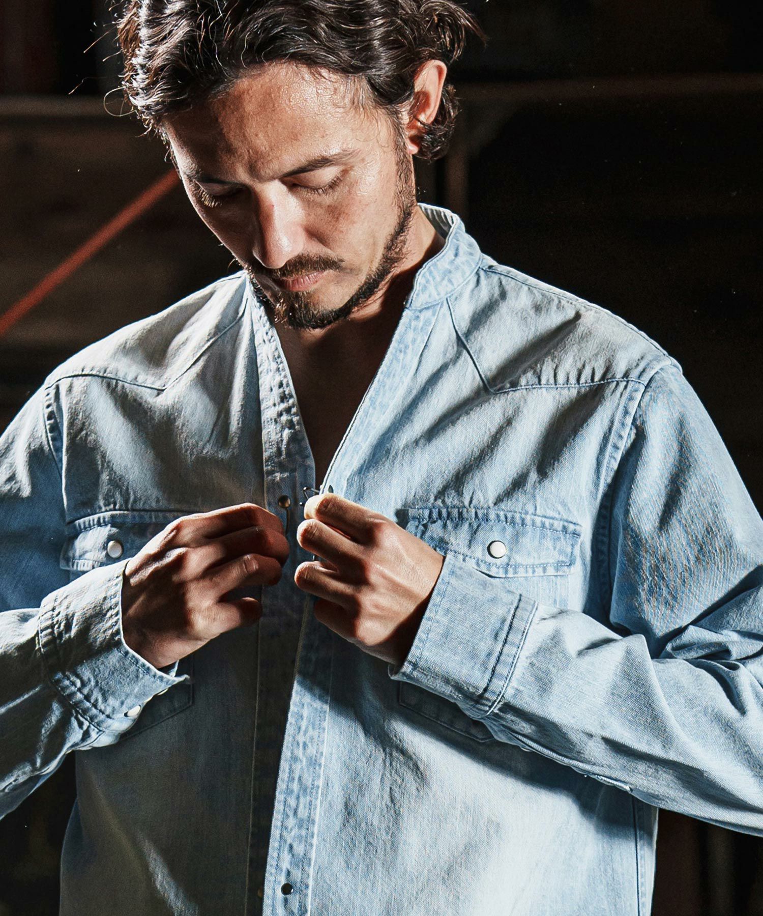 wjk reluxe】tight knit denim no collar western shirt ノーカラー