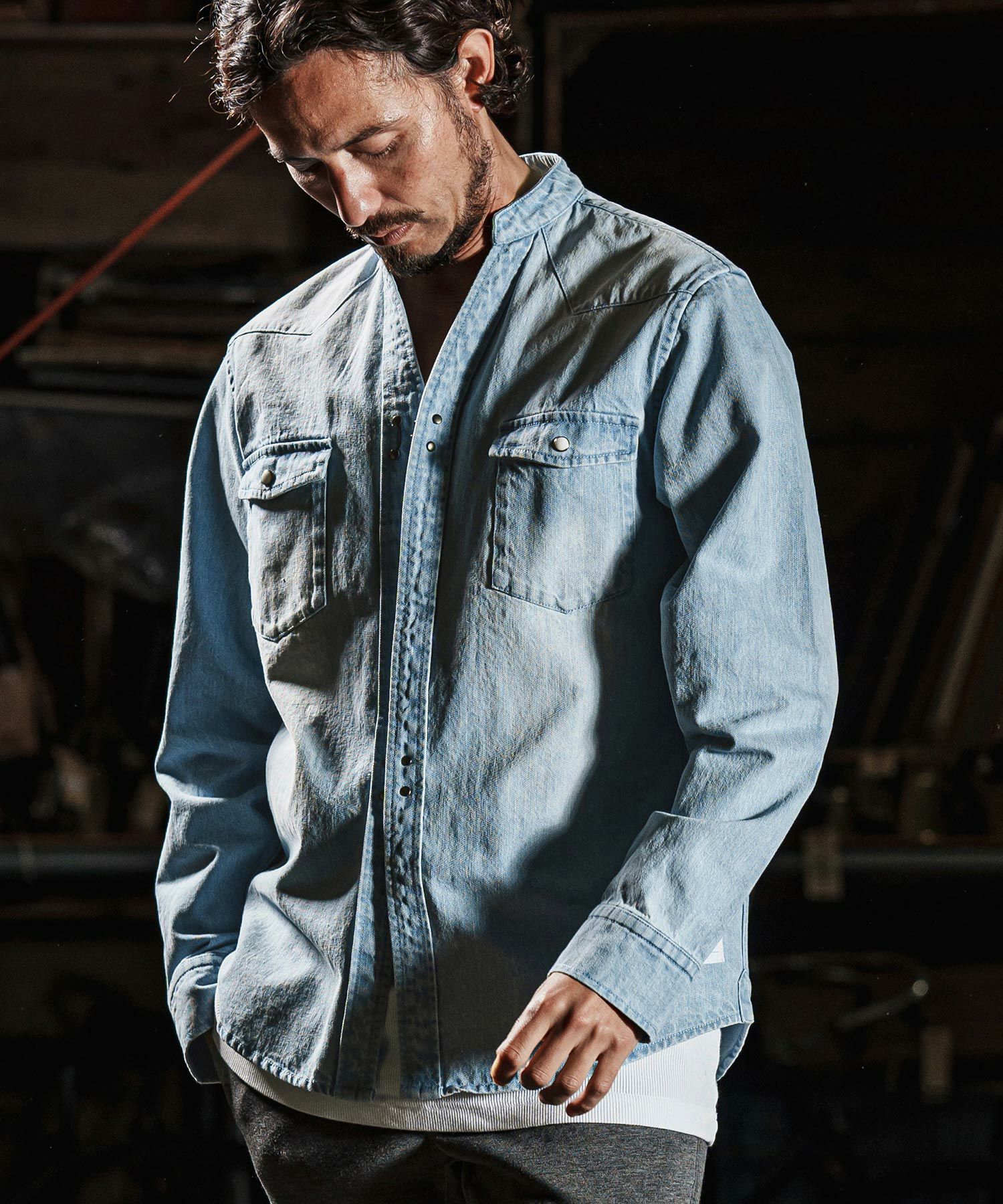 wjk reluxe】tight knit denim no collar western shirt ノーカラー