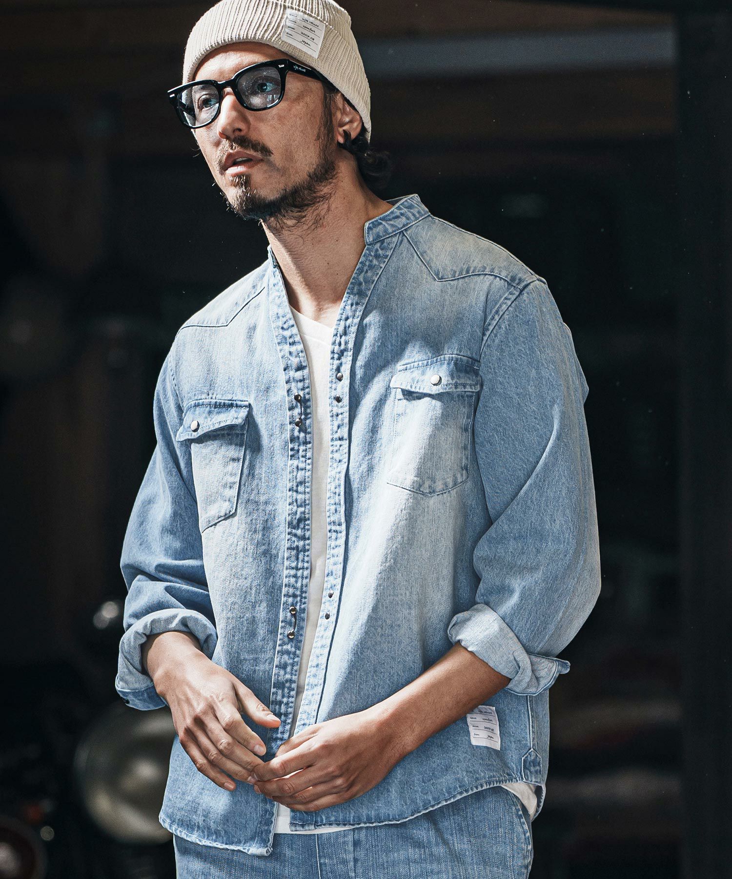 wjk reluxe】tight knit denim no collar western shirt ノーカラー