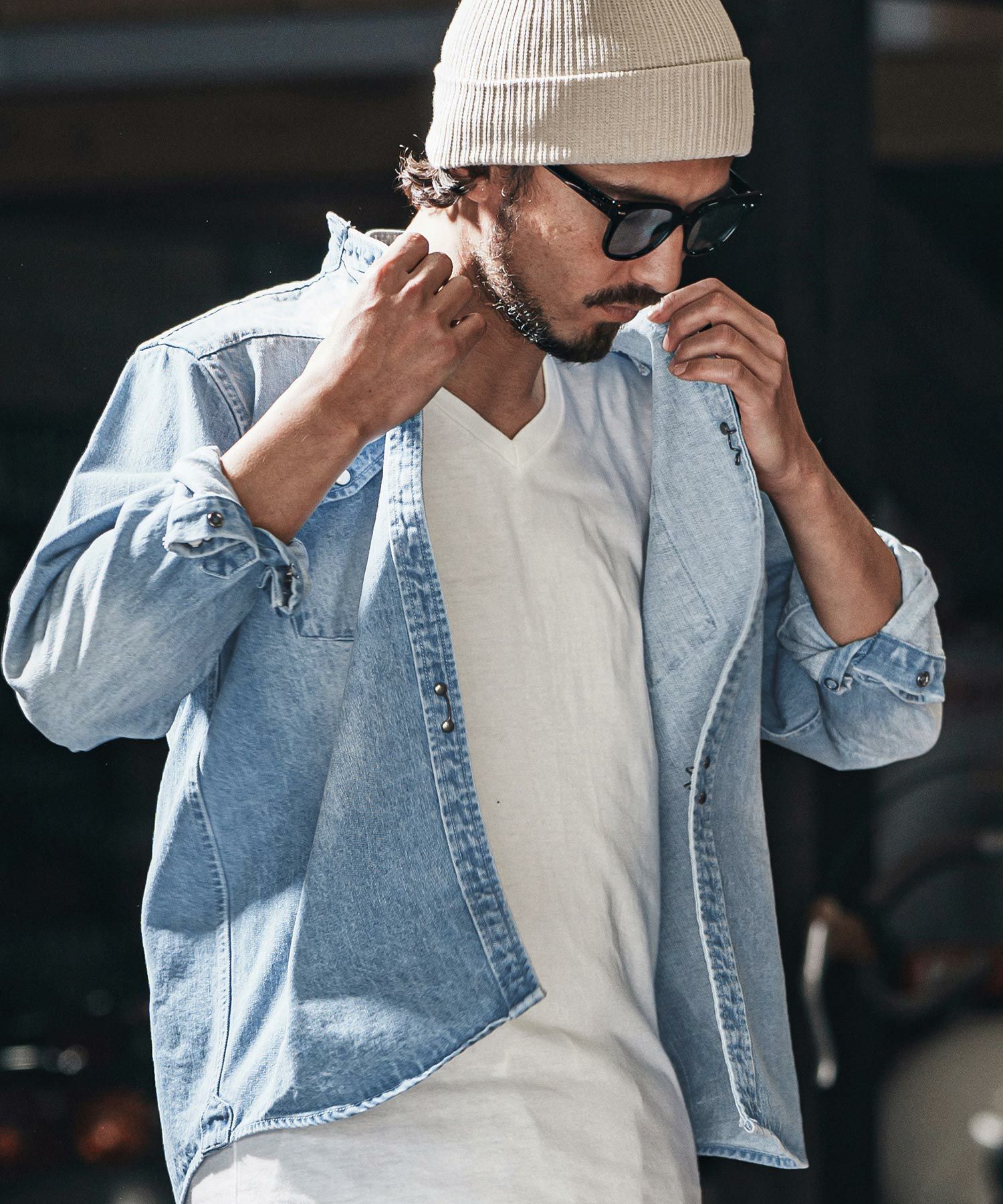 wjk reluxe】tight knit denim no collar western shirt ノーカラー