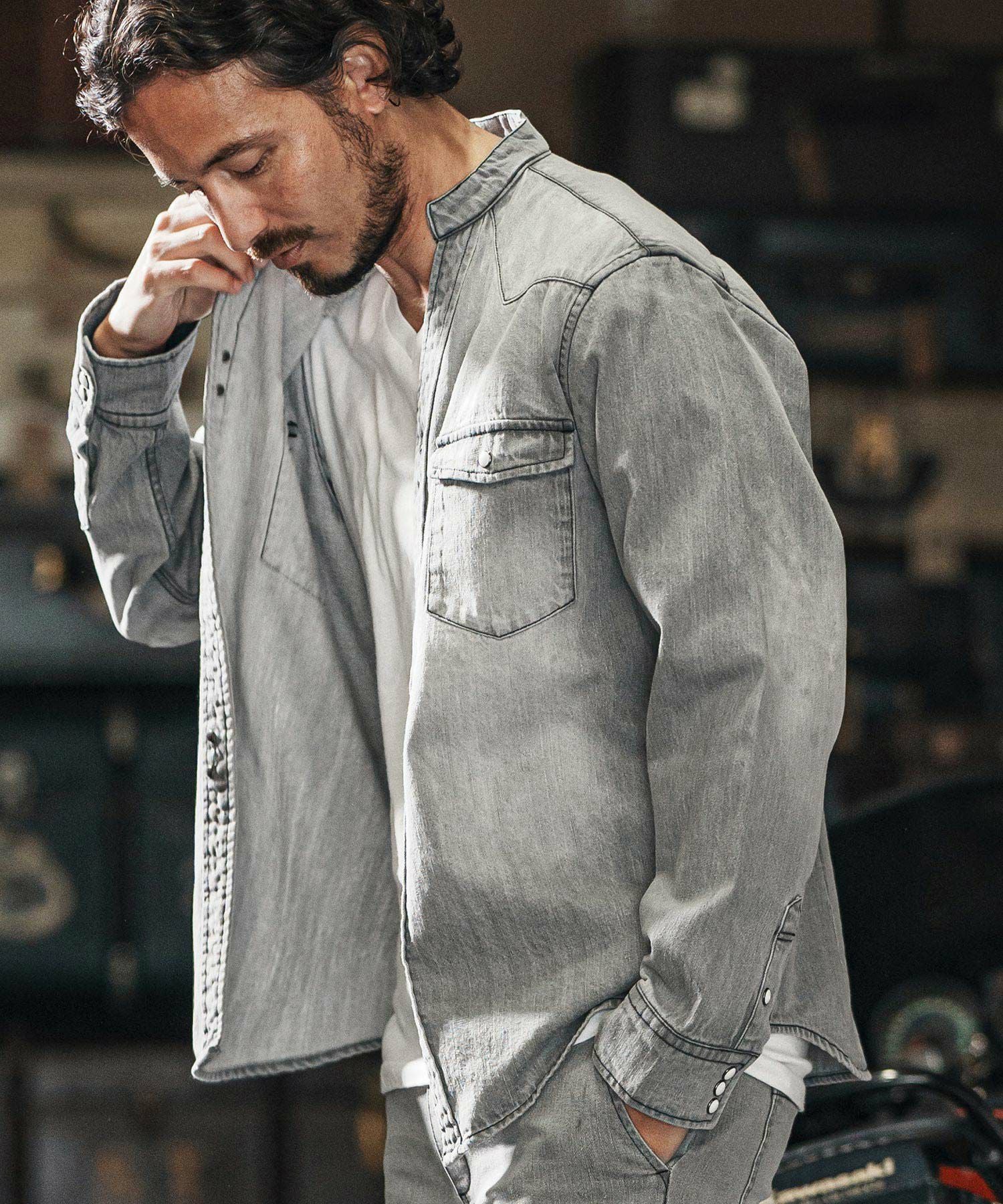 wjk reluxe】tight knit denim no collar western shirt ノーカラー