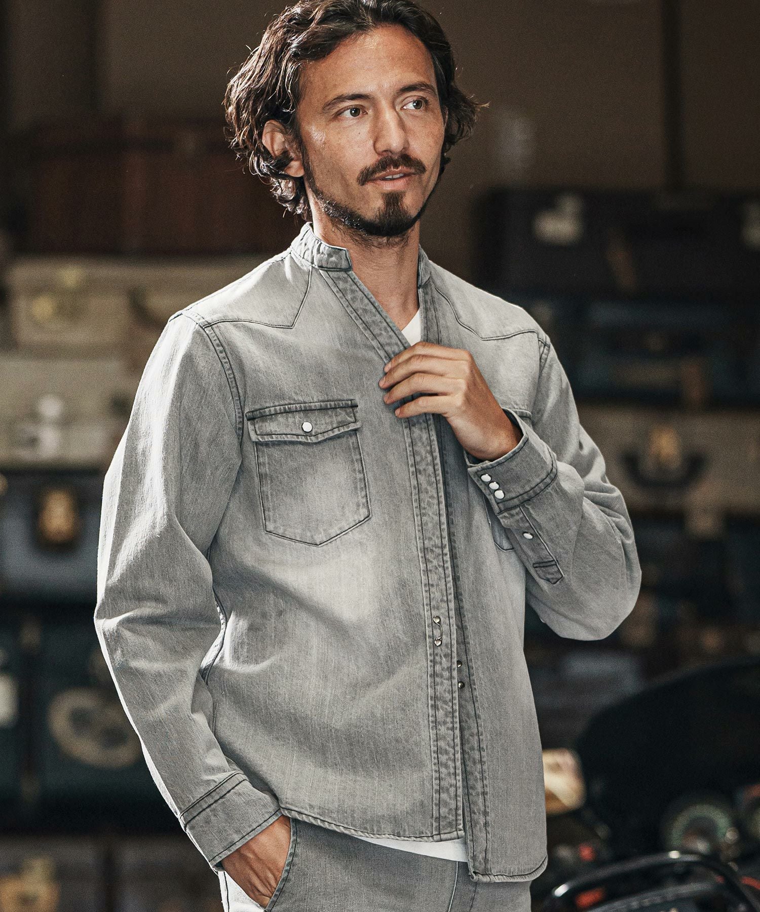 wjk reluxe】tight knit denim no collar western shirt ノーカラー