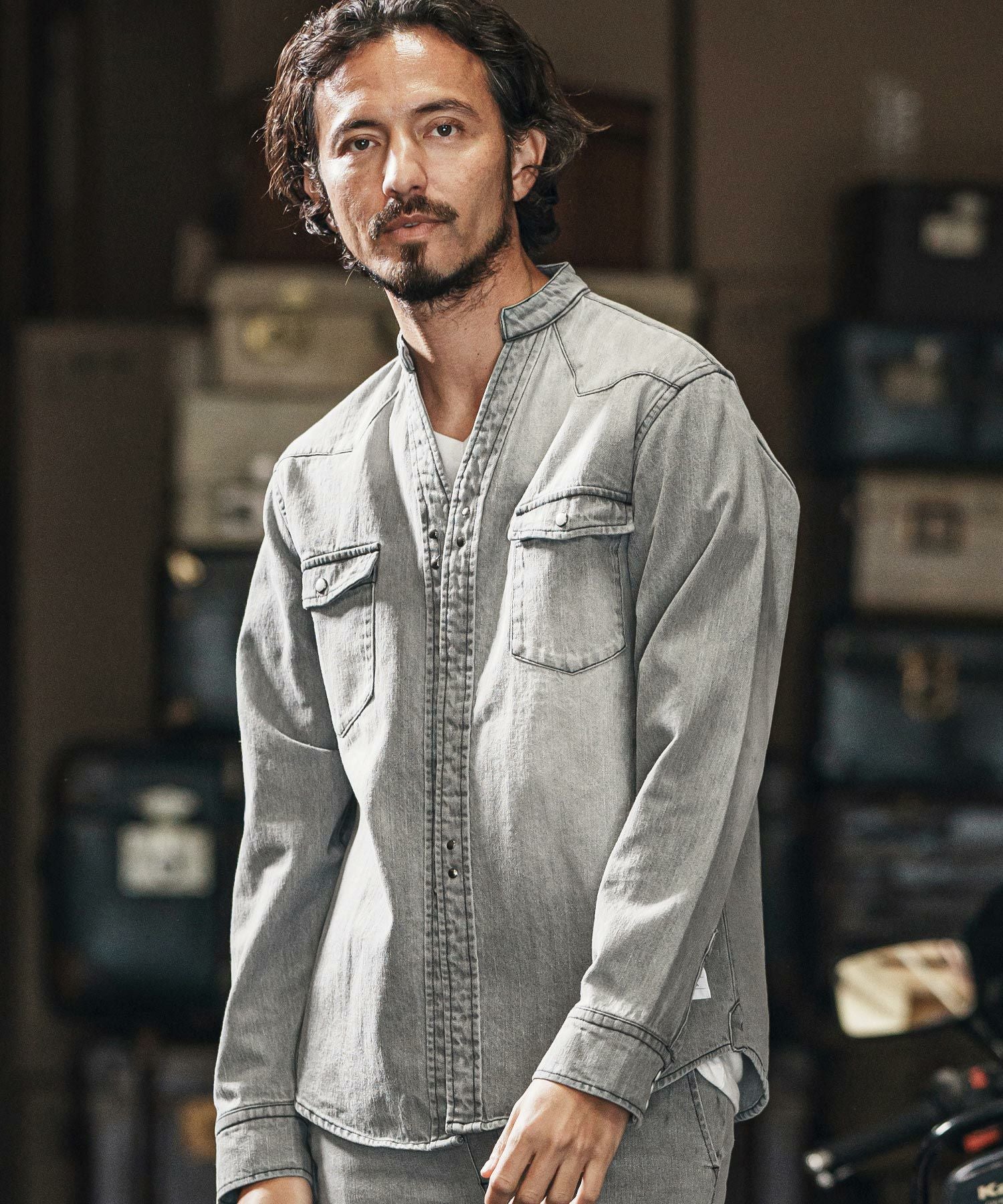 wjk reluxe】tight knit denim no collar western shirt ノーカラー