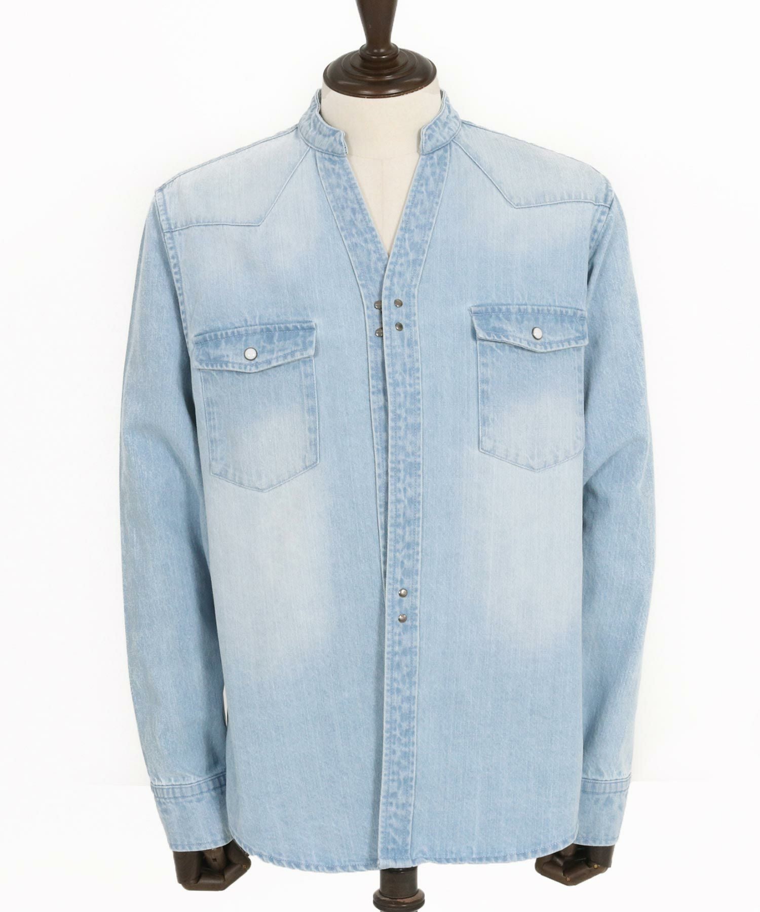 wjk reluxe】tight knit denim no collar western shirt ノーカラー