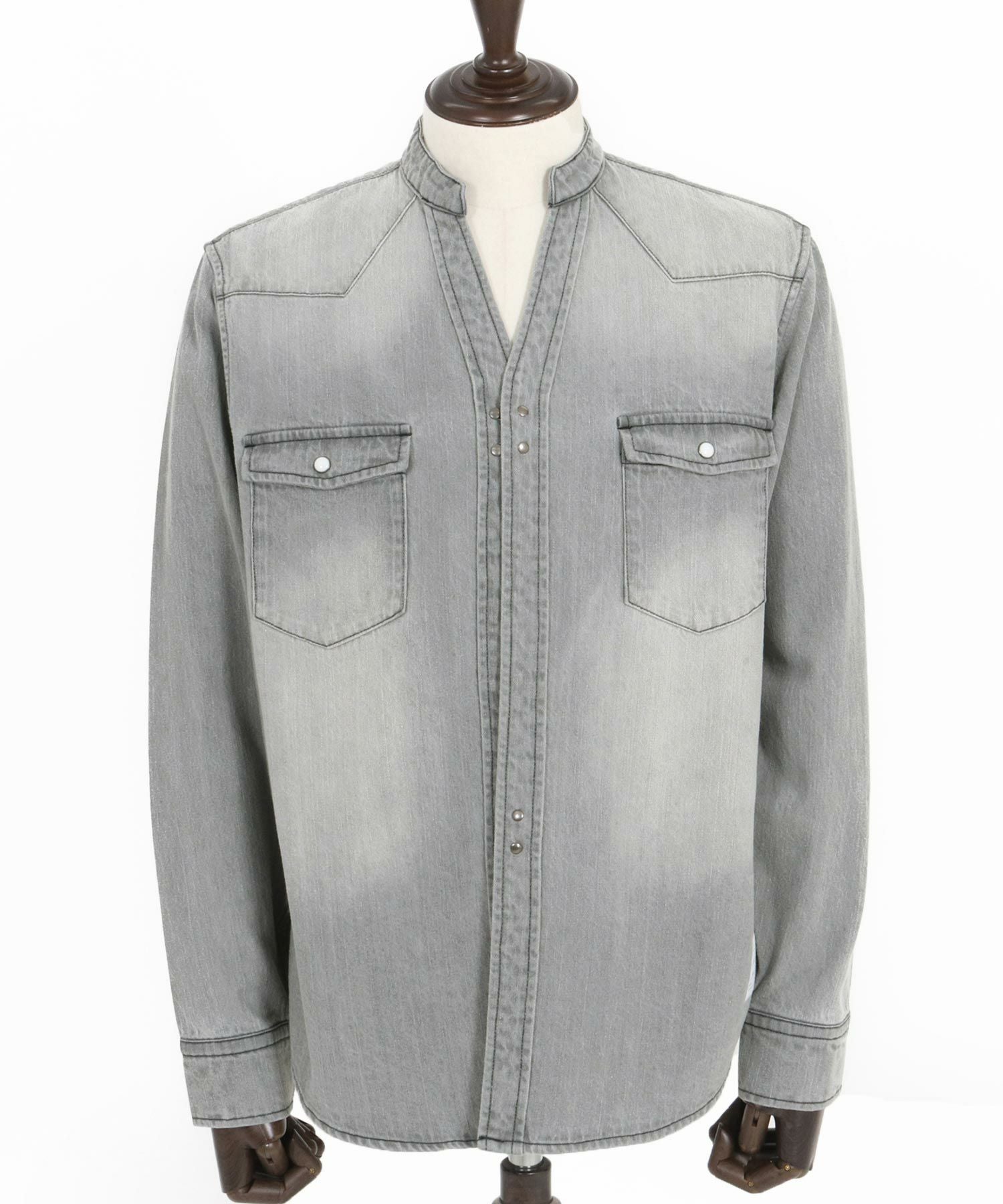 wjk reluxe】tight knit denim no collar western shirt ノーカラー