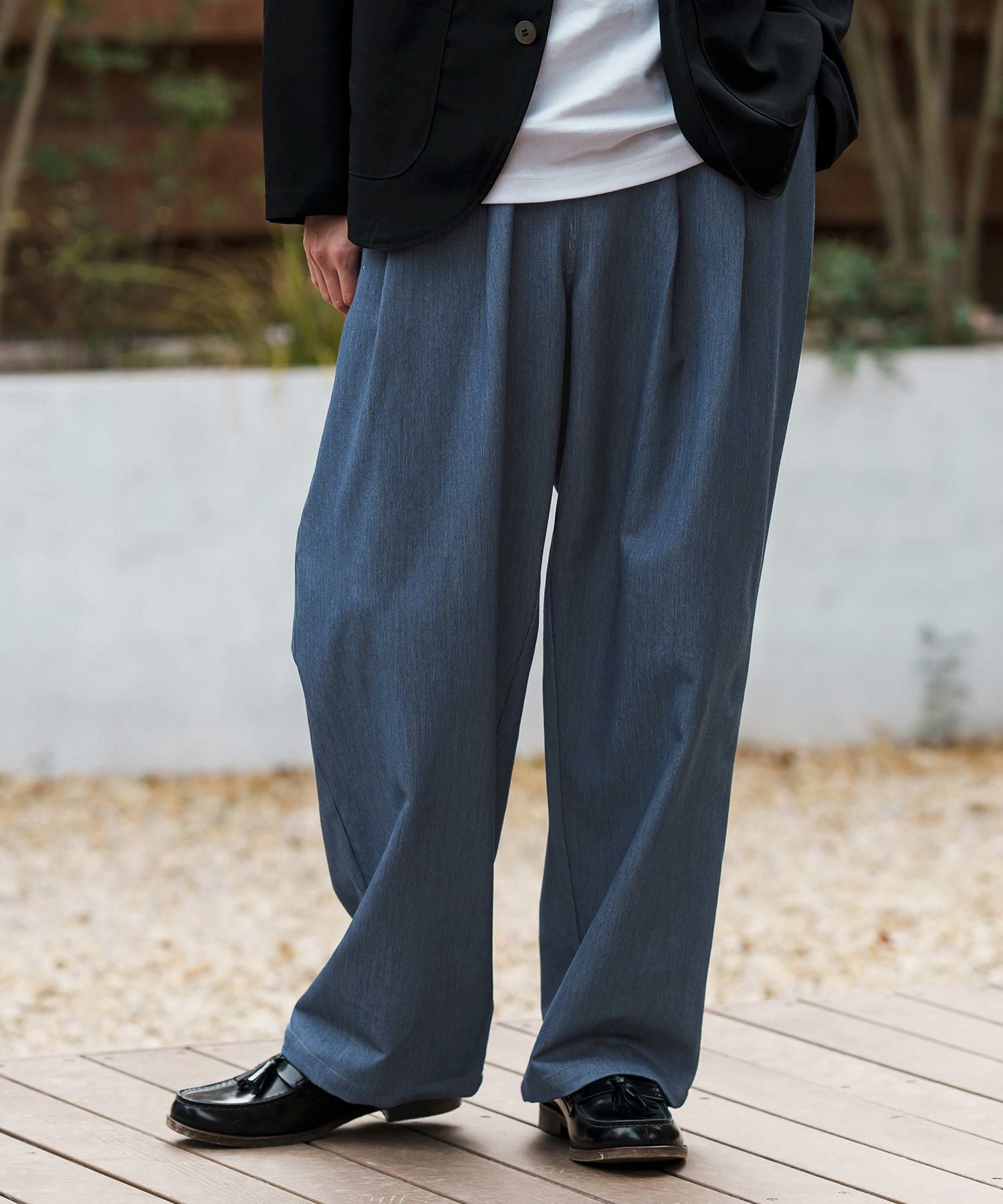 CAMBIO(カンビオ)】Ripstop Like Denim Two Tuck Wide Straight Pants
