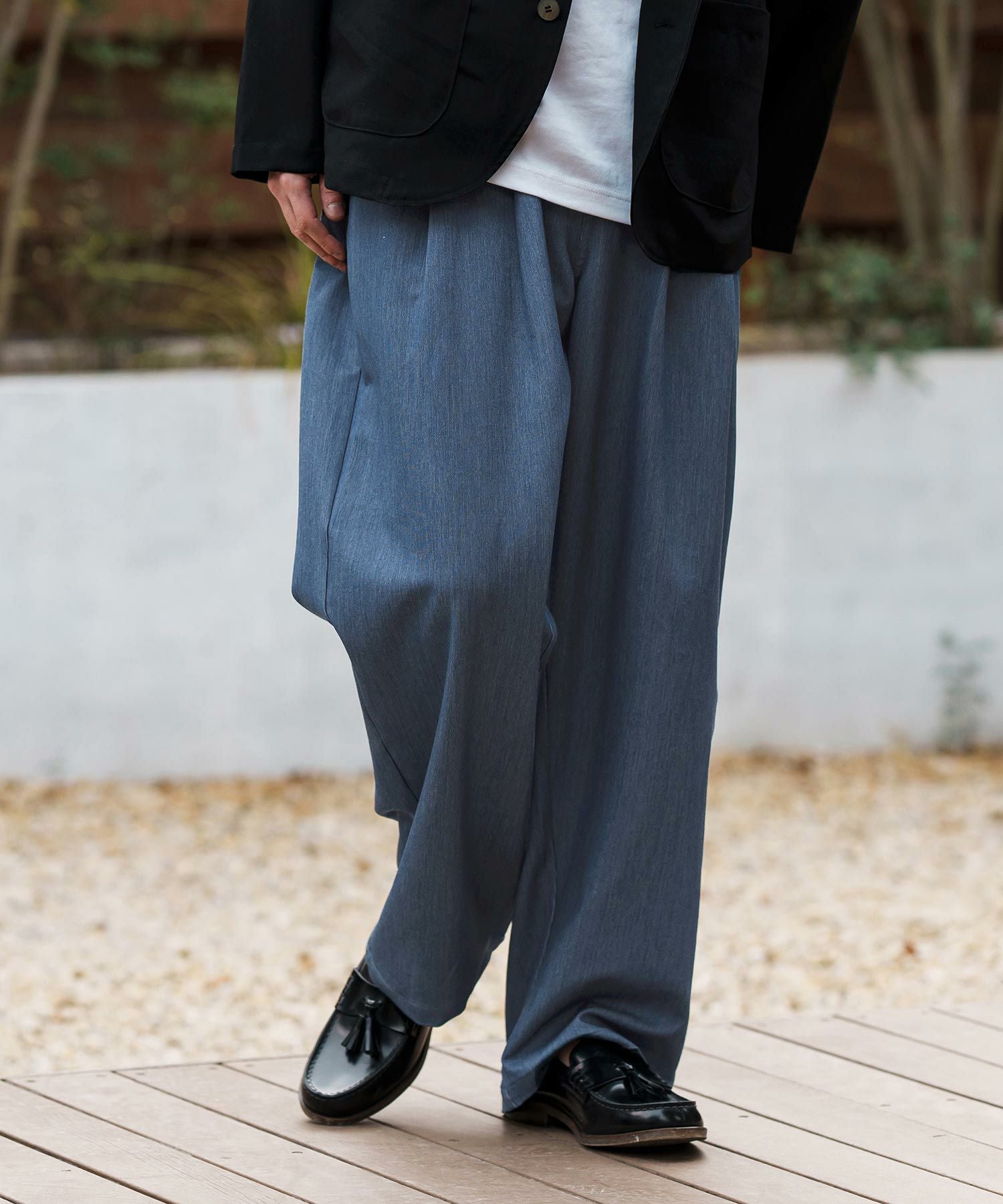 CAMBIO(カンビオ)】Ripstop Like Denim Two Tuck Wide Straight Pants