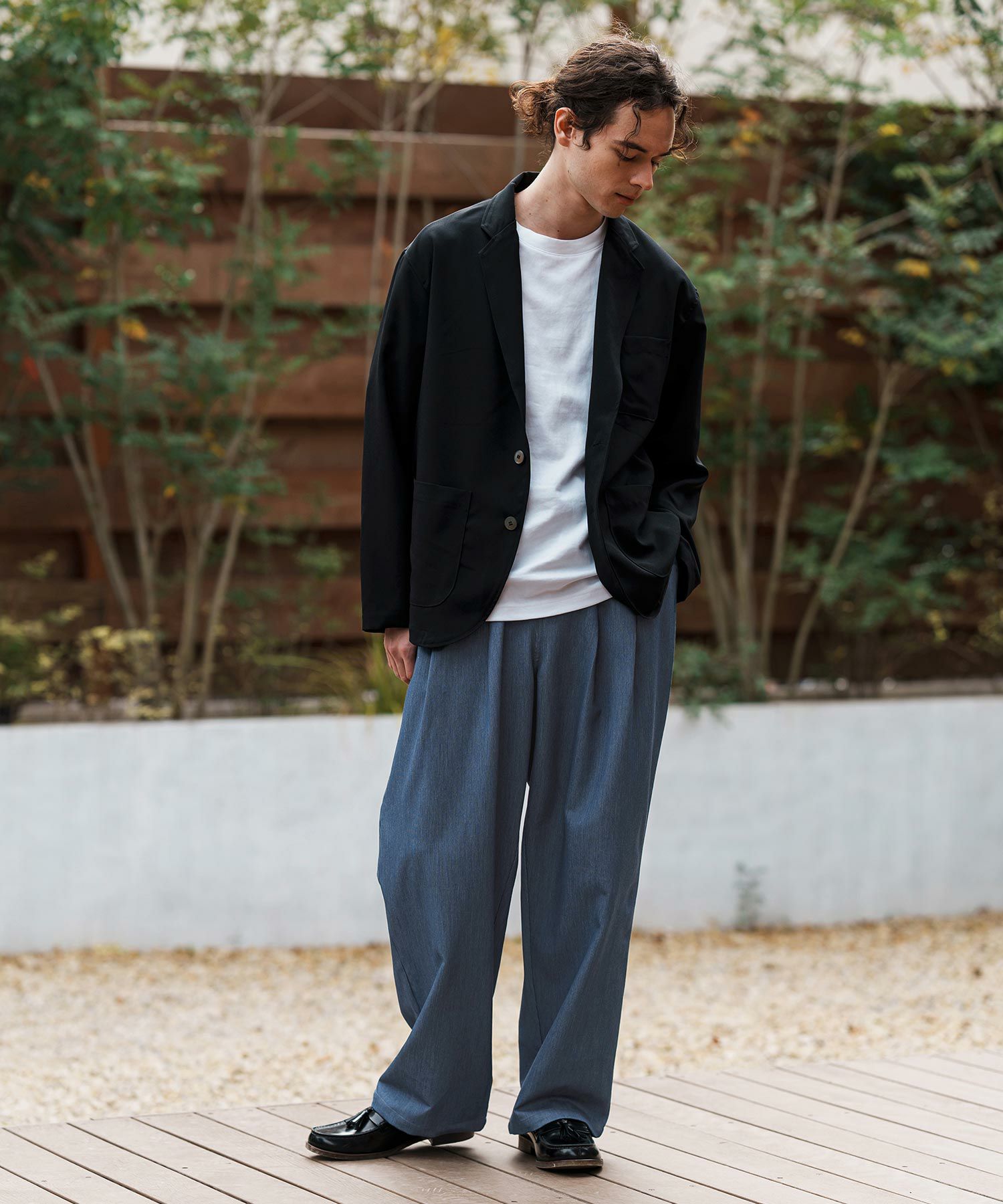 CAMBIO(カンビオ)】Ripstop Like Denim Two Tuck Wide Straight Pants