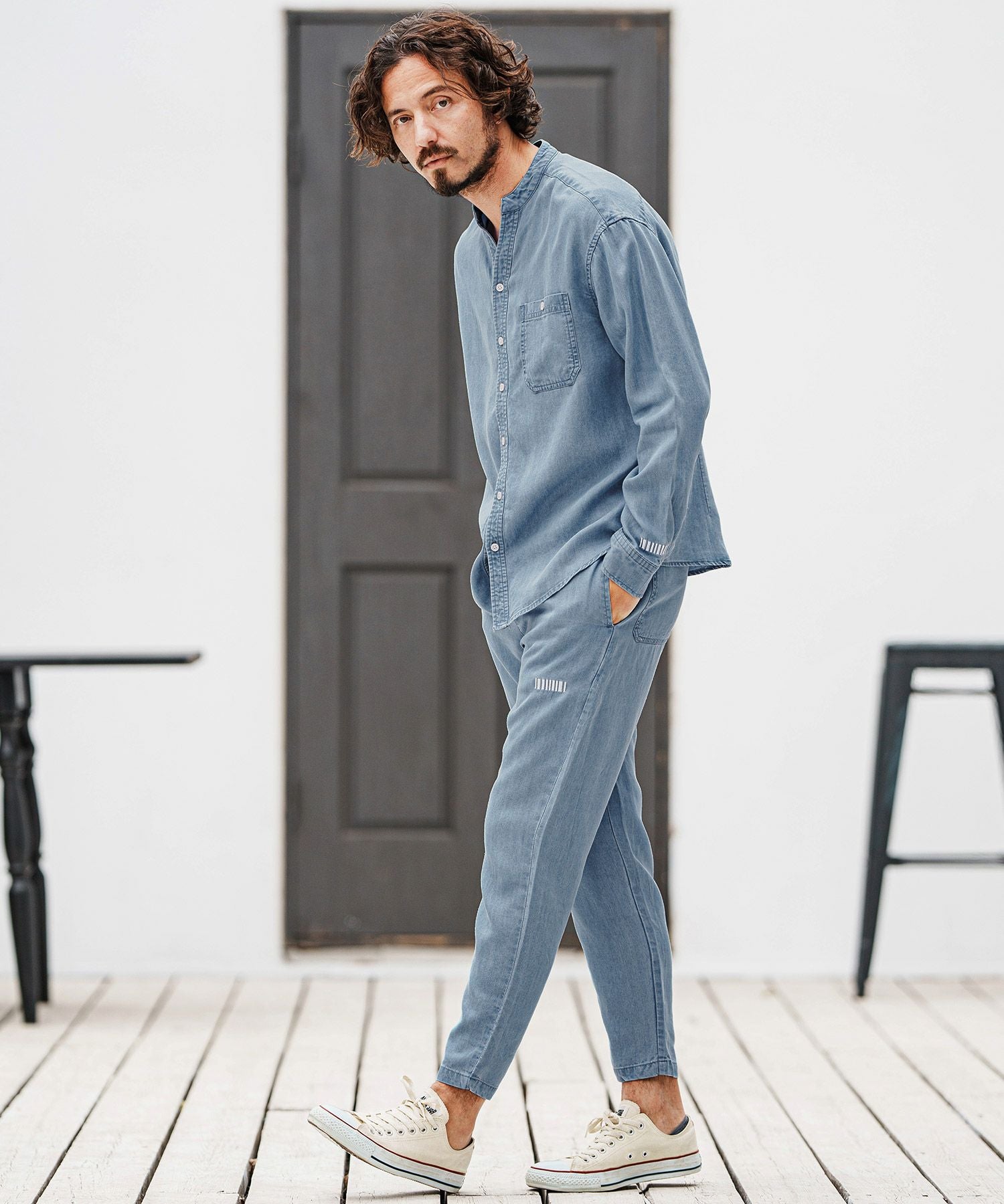 felkod(フィルコッド)】Chambray Band collar Long Sleeve Shirts