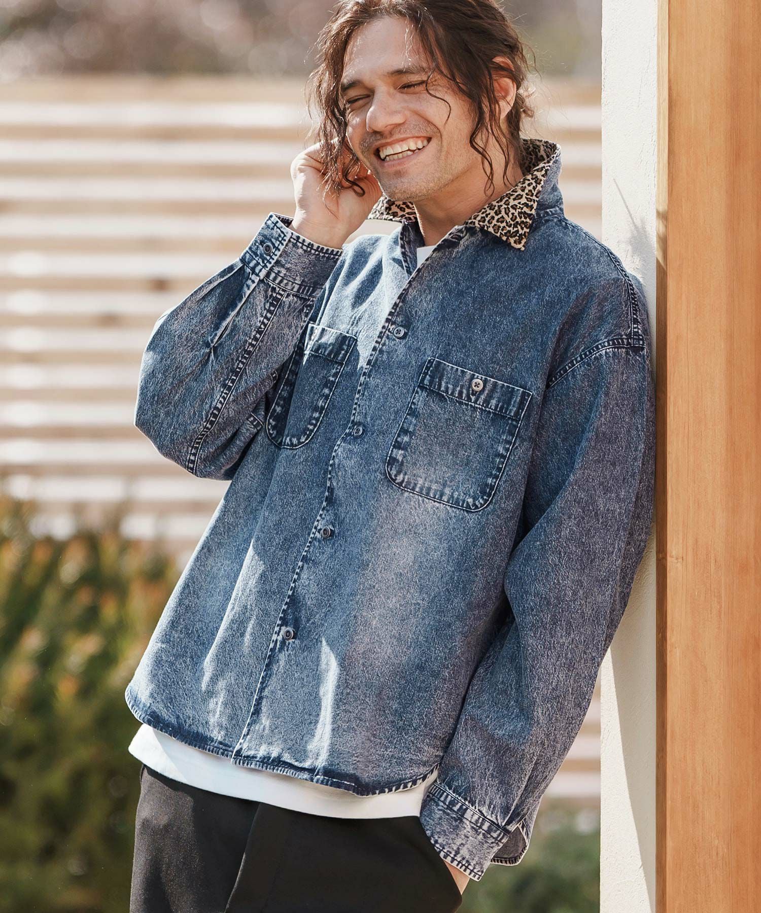 CAMBIO(カンビオ)】レオパード襟切替ケミカルウォッシュ加工デニム