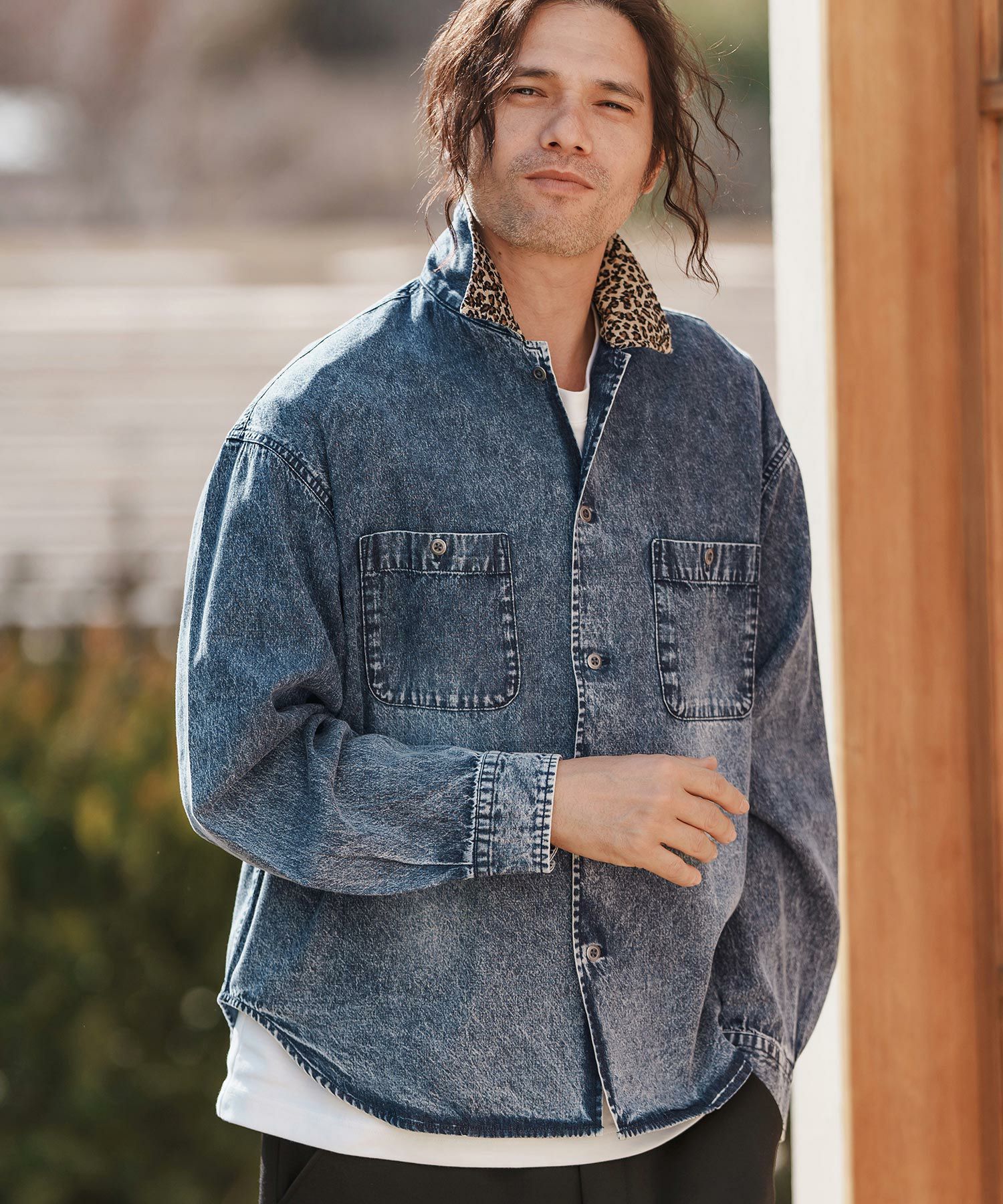 CAMBIO(カンビオ)】レオパード襟切替ケミカルウォッシュ加工デニム